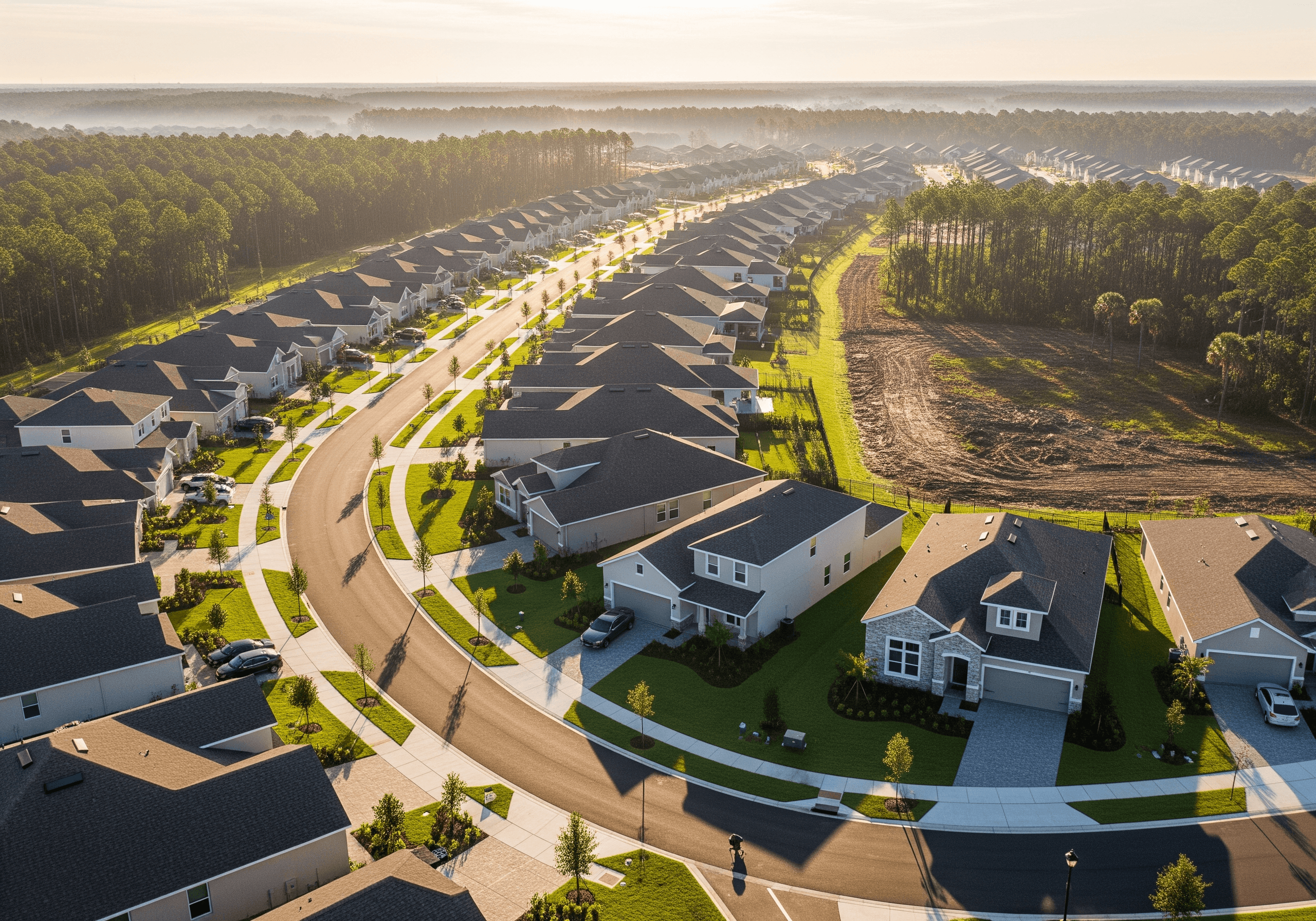 Aerial view of a finished Innova residential community in Central Florida with the next development phase cleared on the right