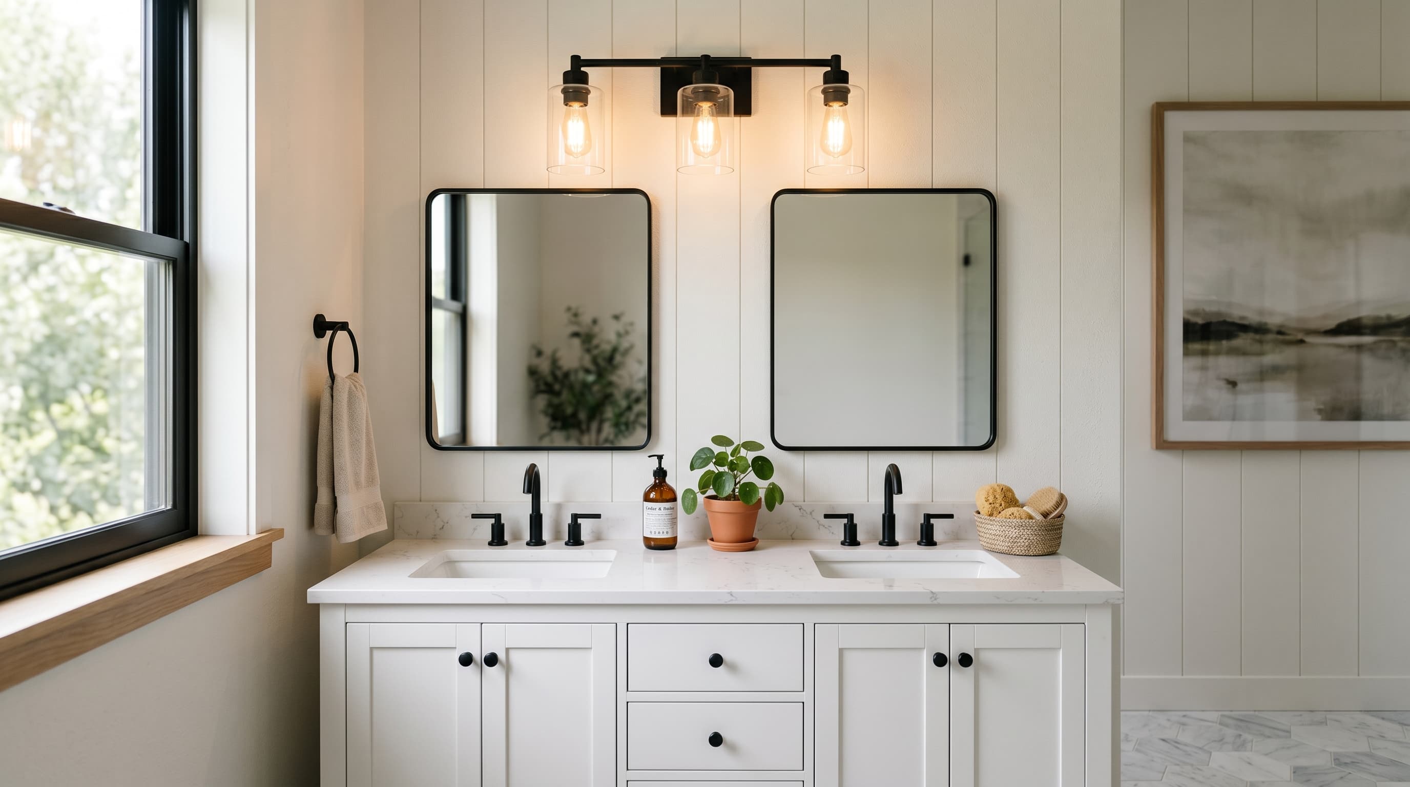 Luxury bathroom vanity wall with three-light bar fixture, white shaker vanity, and quartz countertop