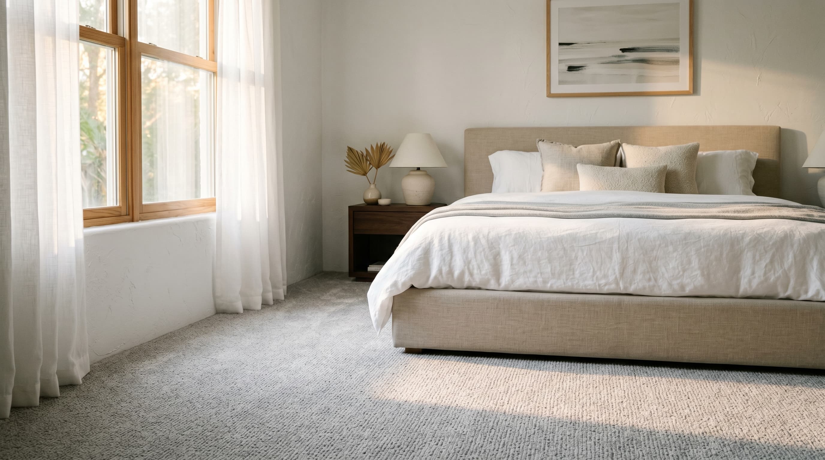 Florida bedroom interior with plush light gray carpet, white walls, and soft daylight