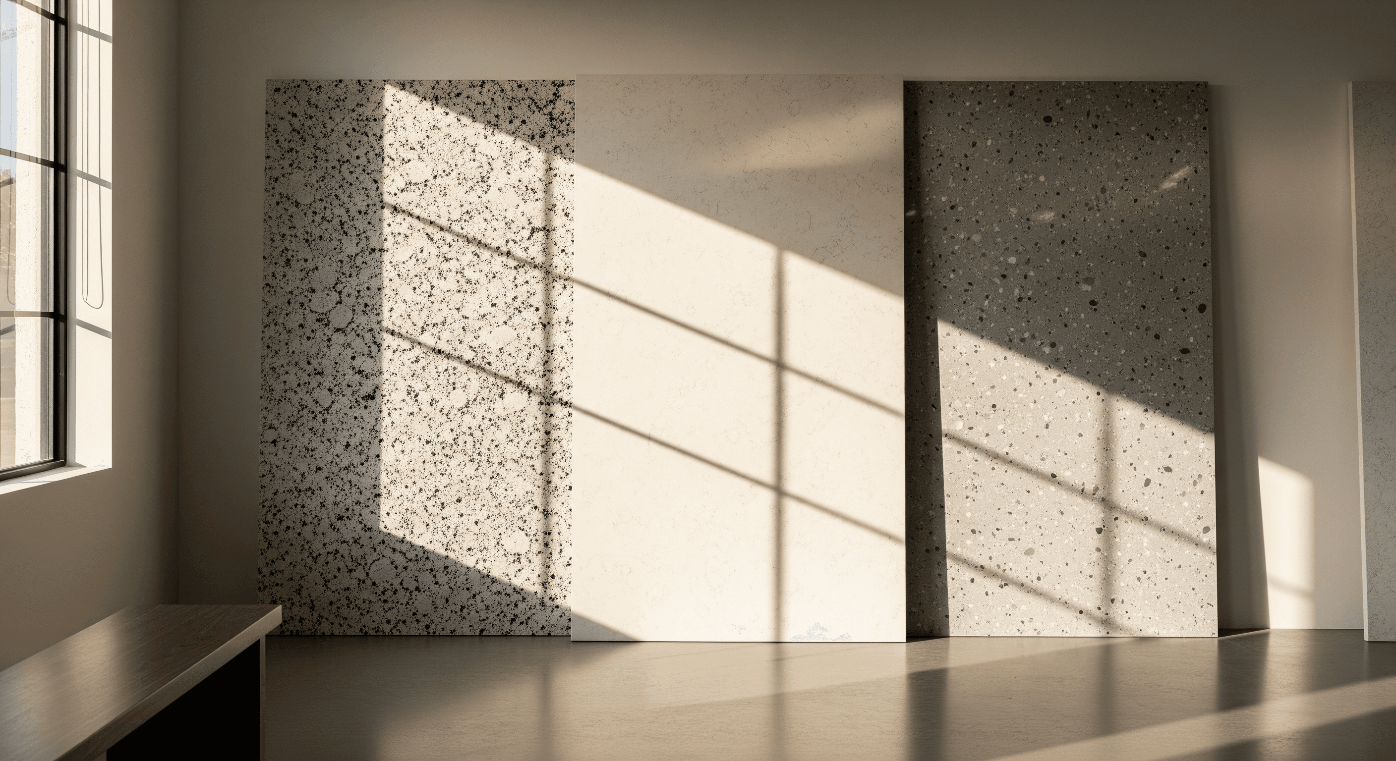 Three polished stone slabs in a Florida design studio — ornamental white granite, sparkling white quartz, ice grey quartz