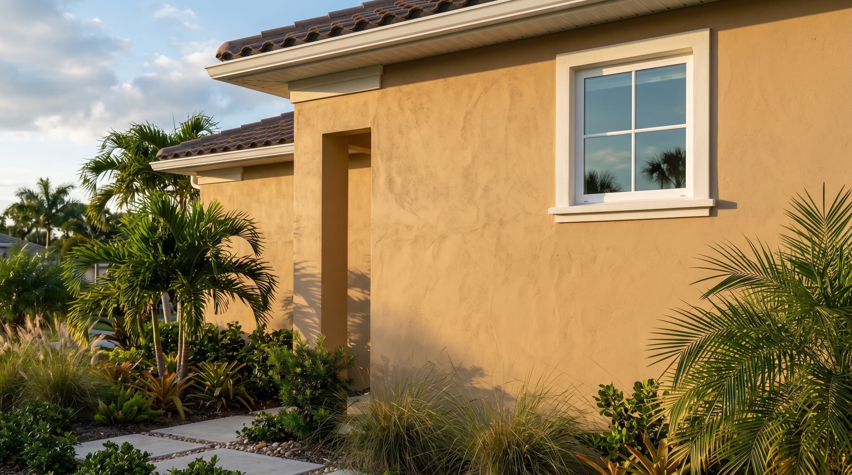 Florida home exterior facade with smooth tan stucco finish in raking afternoon sunlight