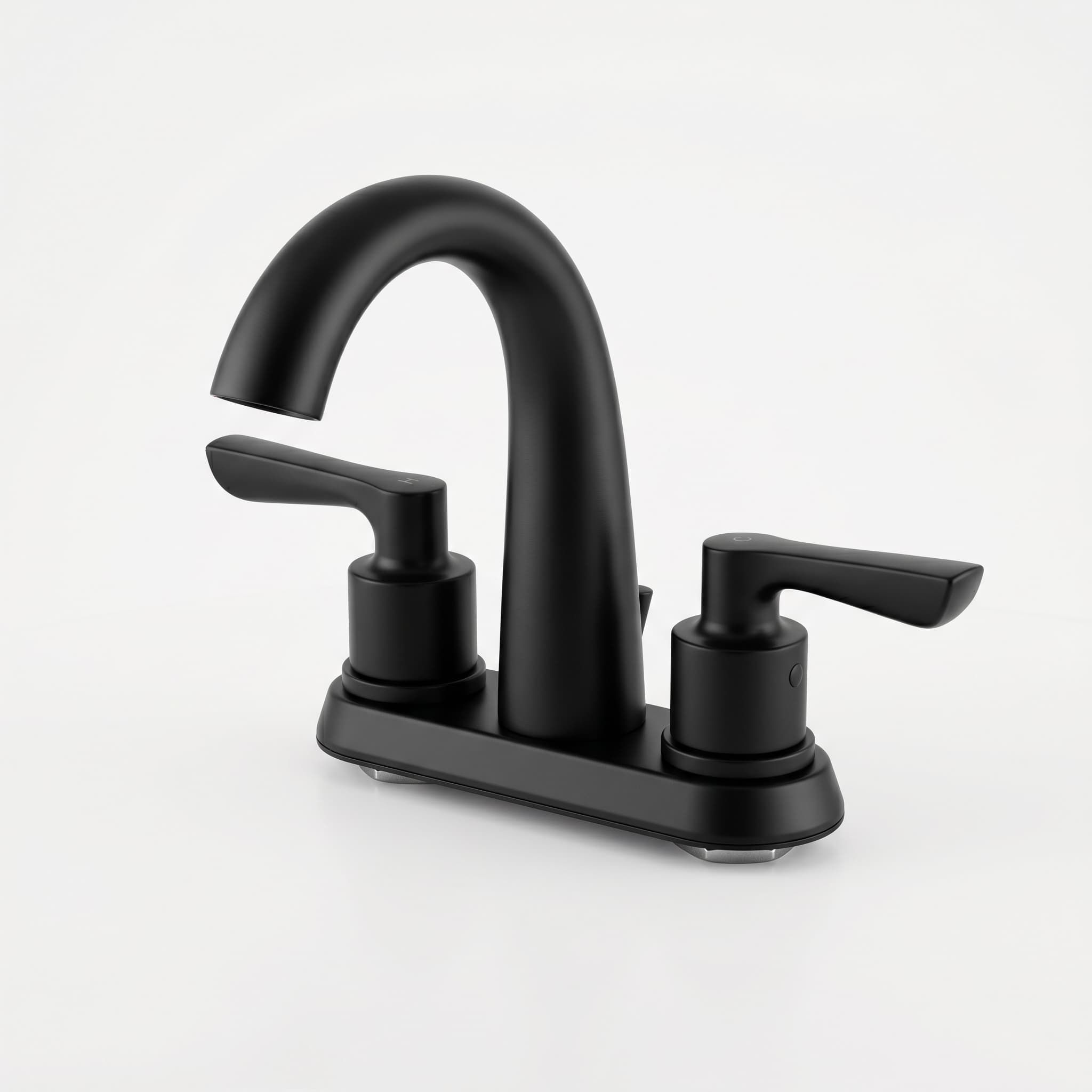 Matte black centerset two-handle bathroom faucet with curved spout