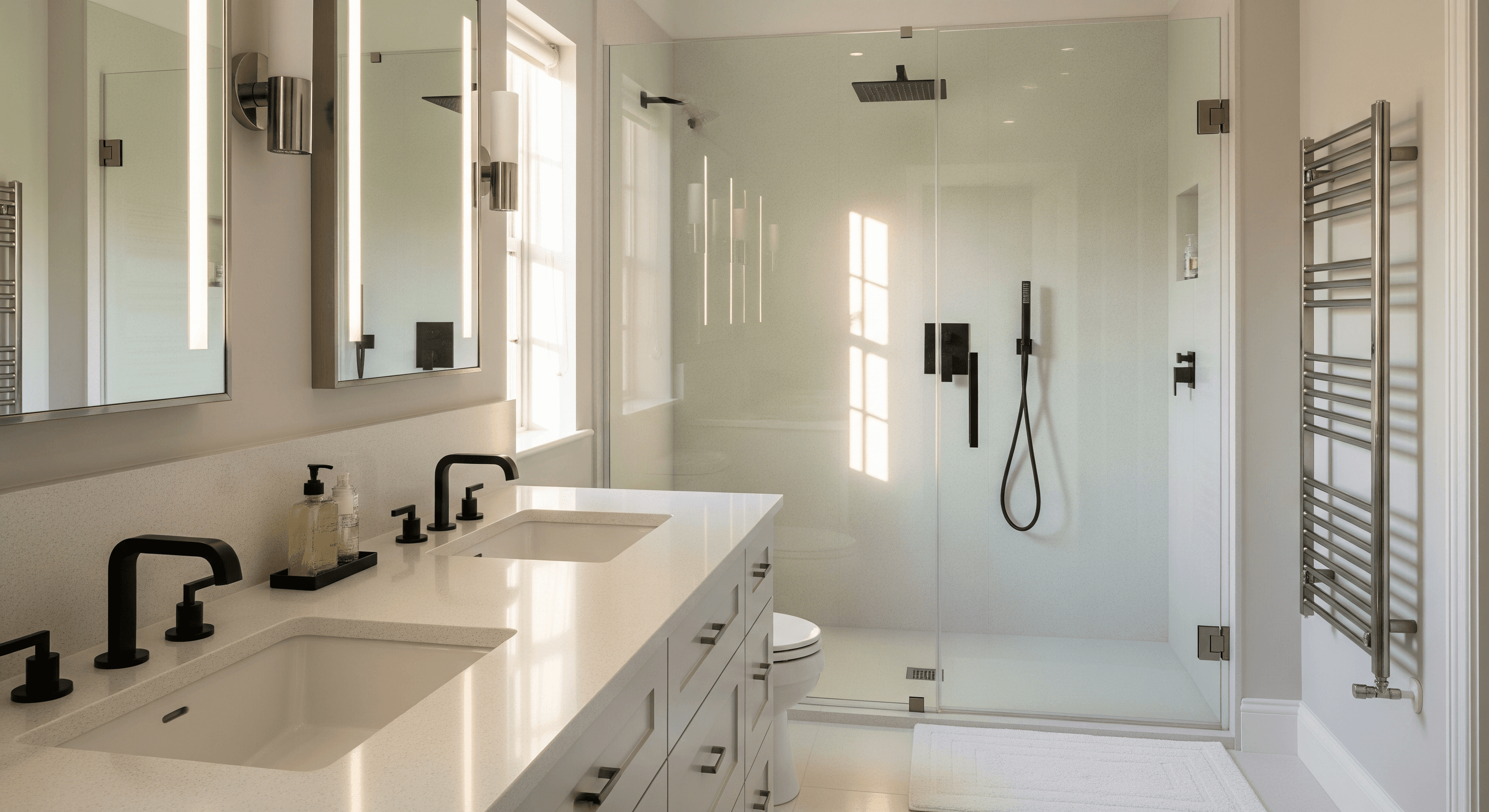 Luxury Florida bathroom interior with white quartz countertop, dual undermount sinks, and matte black faucets