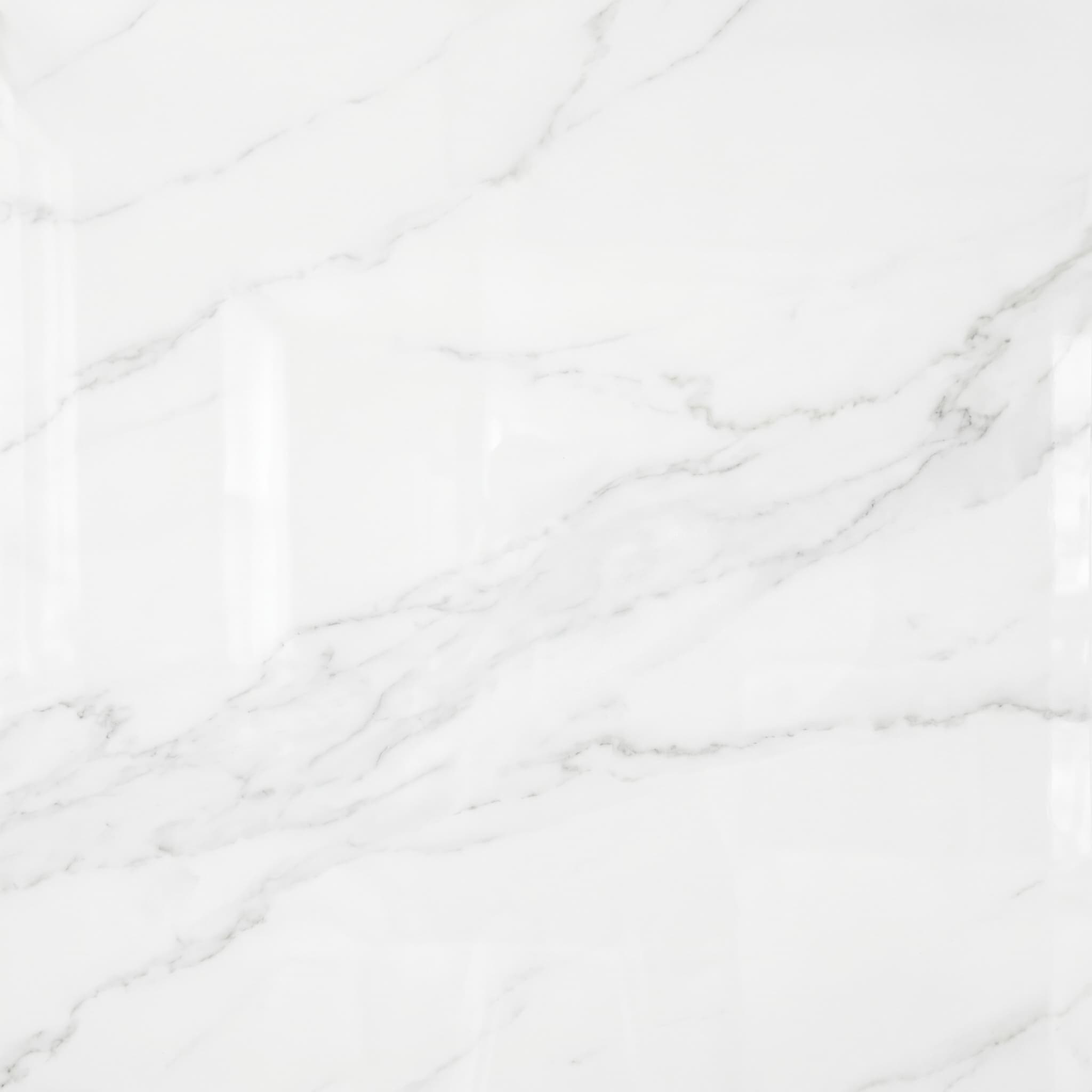 Bianco Carrara polished marble-look porcelain tile — bright white field with soft delicate gray veining
