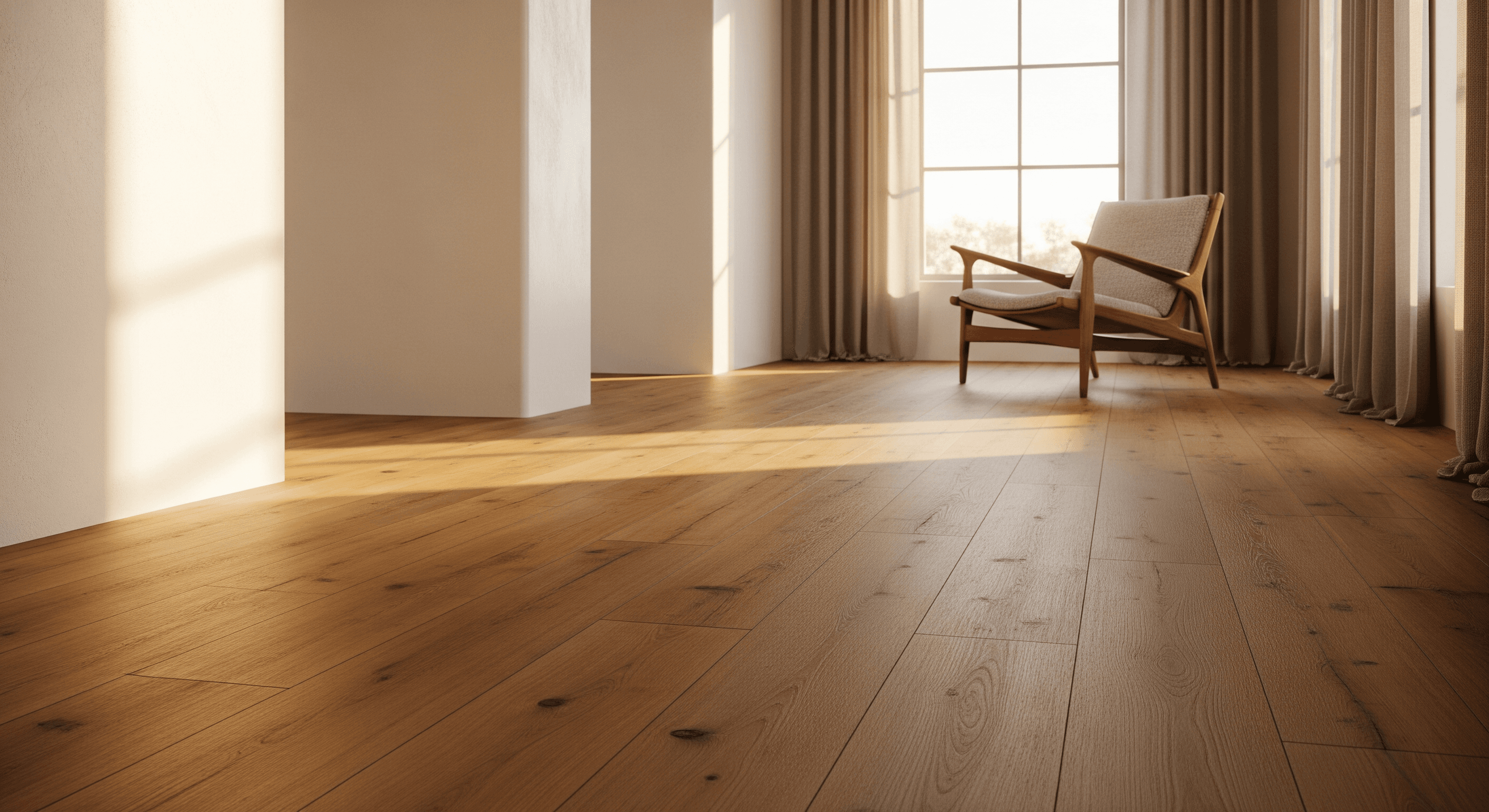 Sunlit Florida living room with wide honey-oak luxury vinyl plank flooring