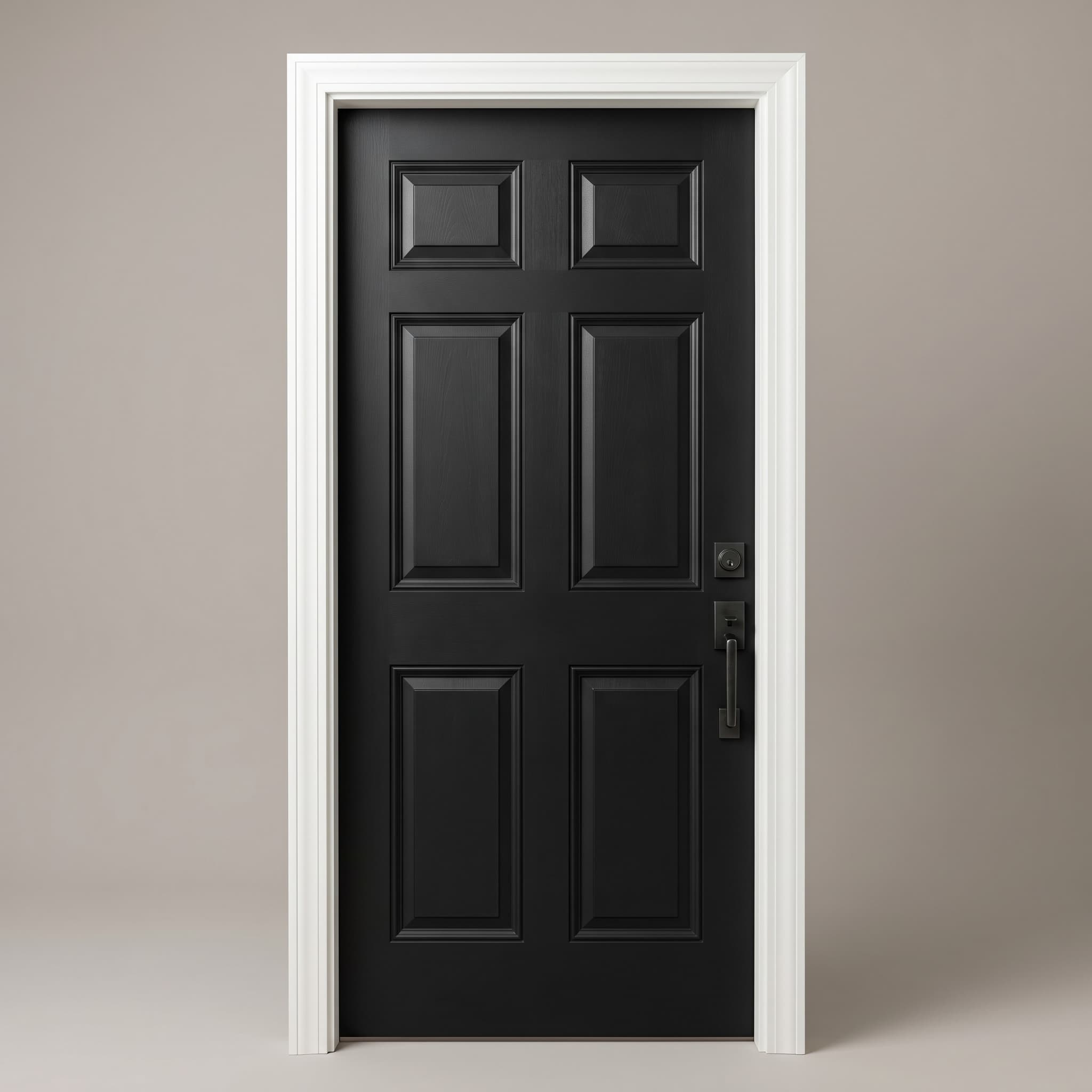Matte black six-panel front door with brushed black hardware