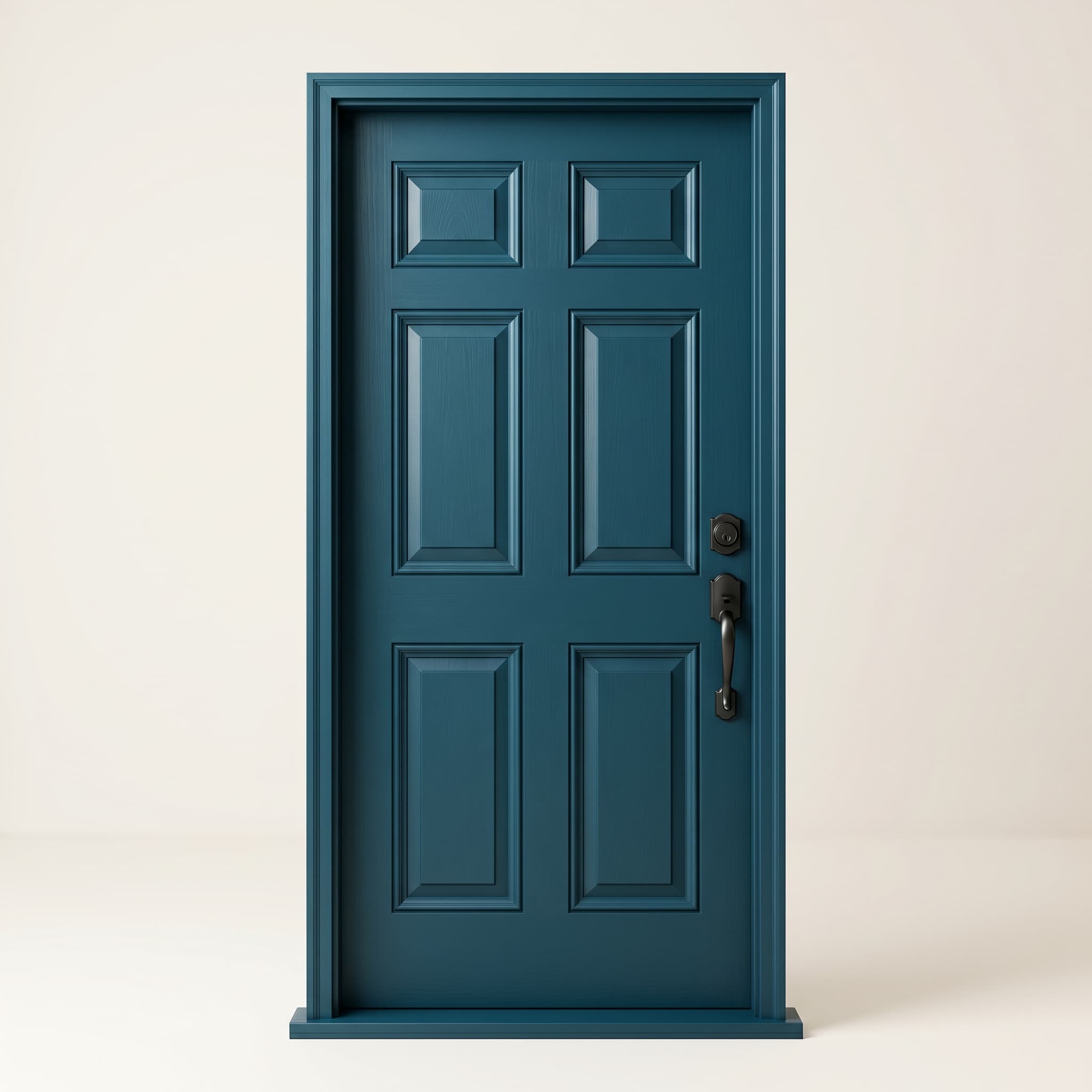 Deep teal-blue six-panel front door with brushed black hardware