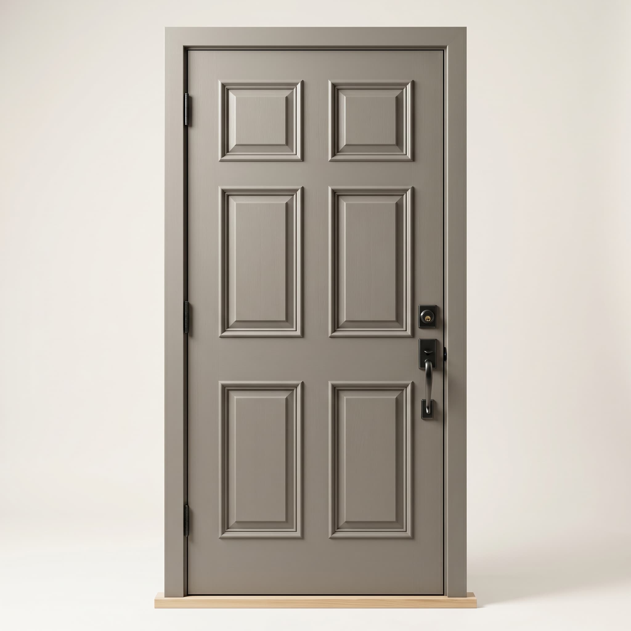 Warm gray six-panel front door with brushed black hardware