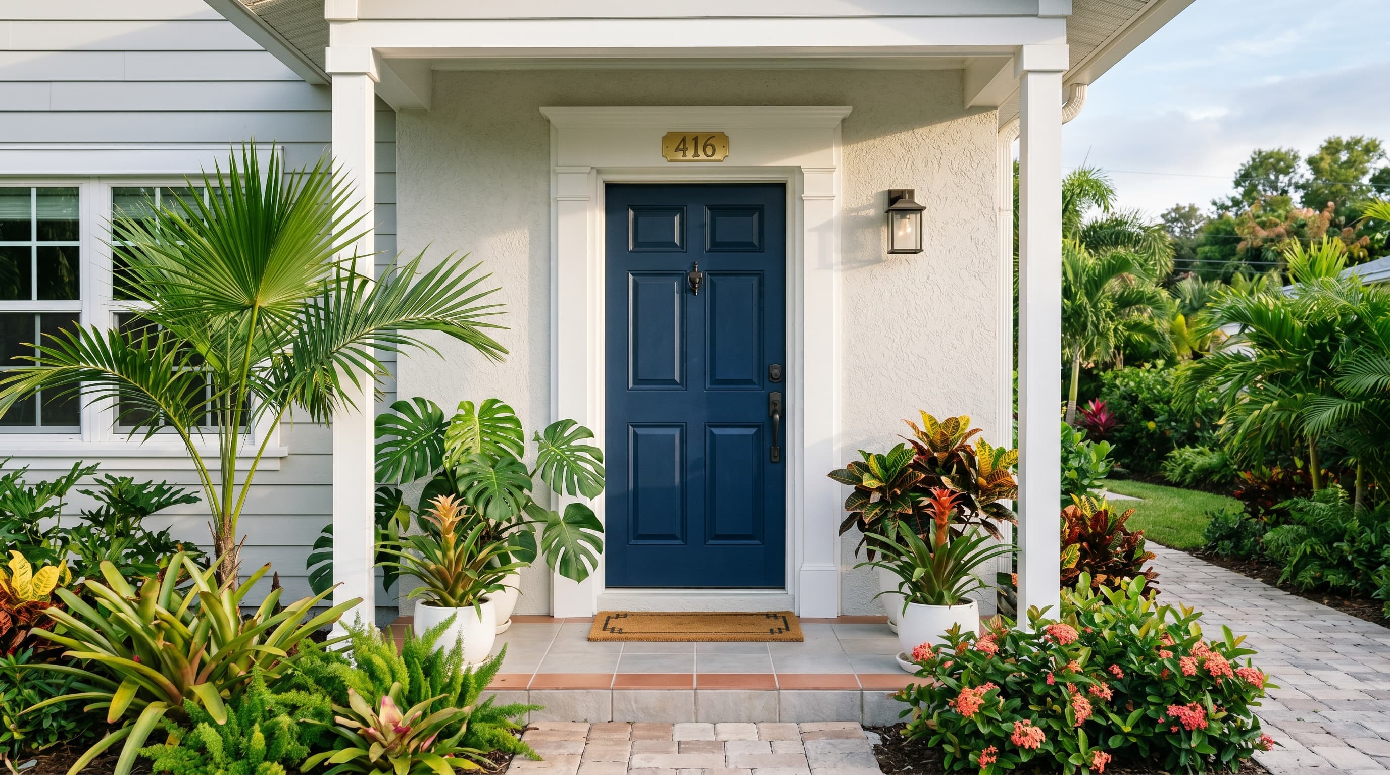 Florida home front entrance with deep navy blue six-panel raised-panel door, white trim, and tropical landscaping