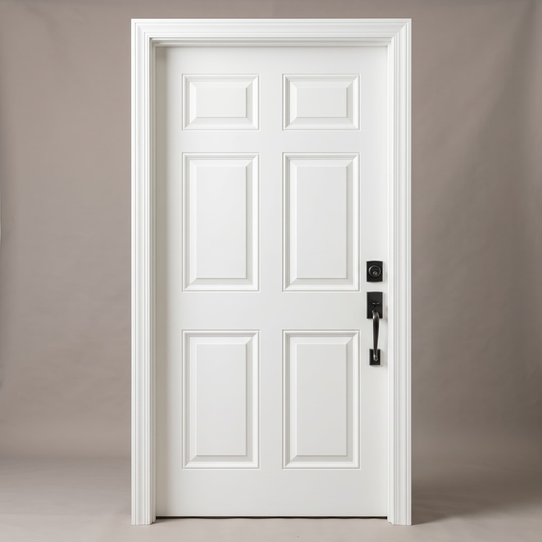 White six-panel front door with brushed black hardware