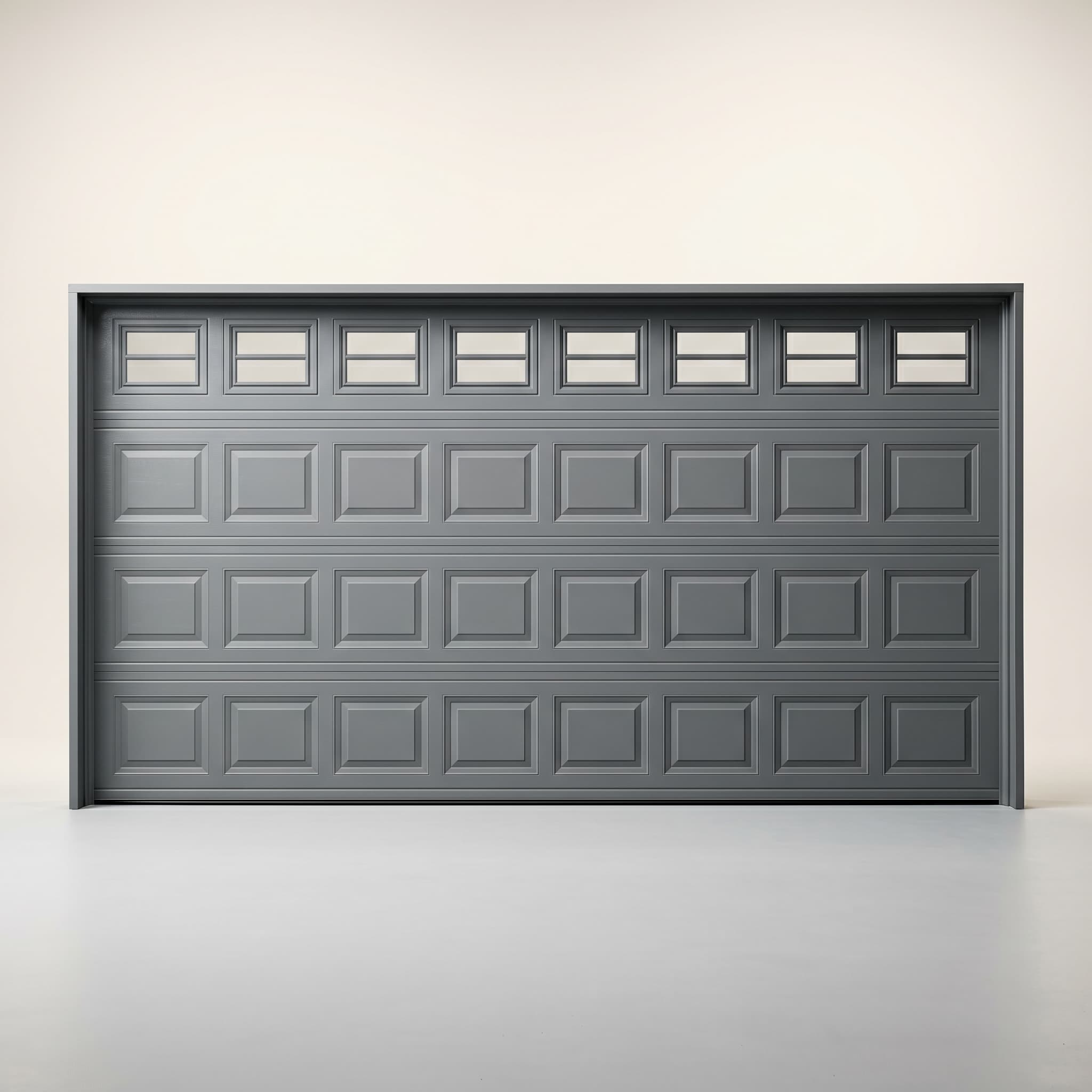 Medium gray raised-panel garage door with horizontal window row