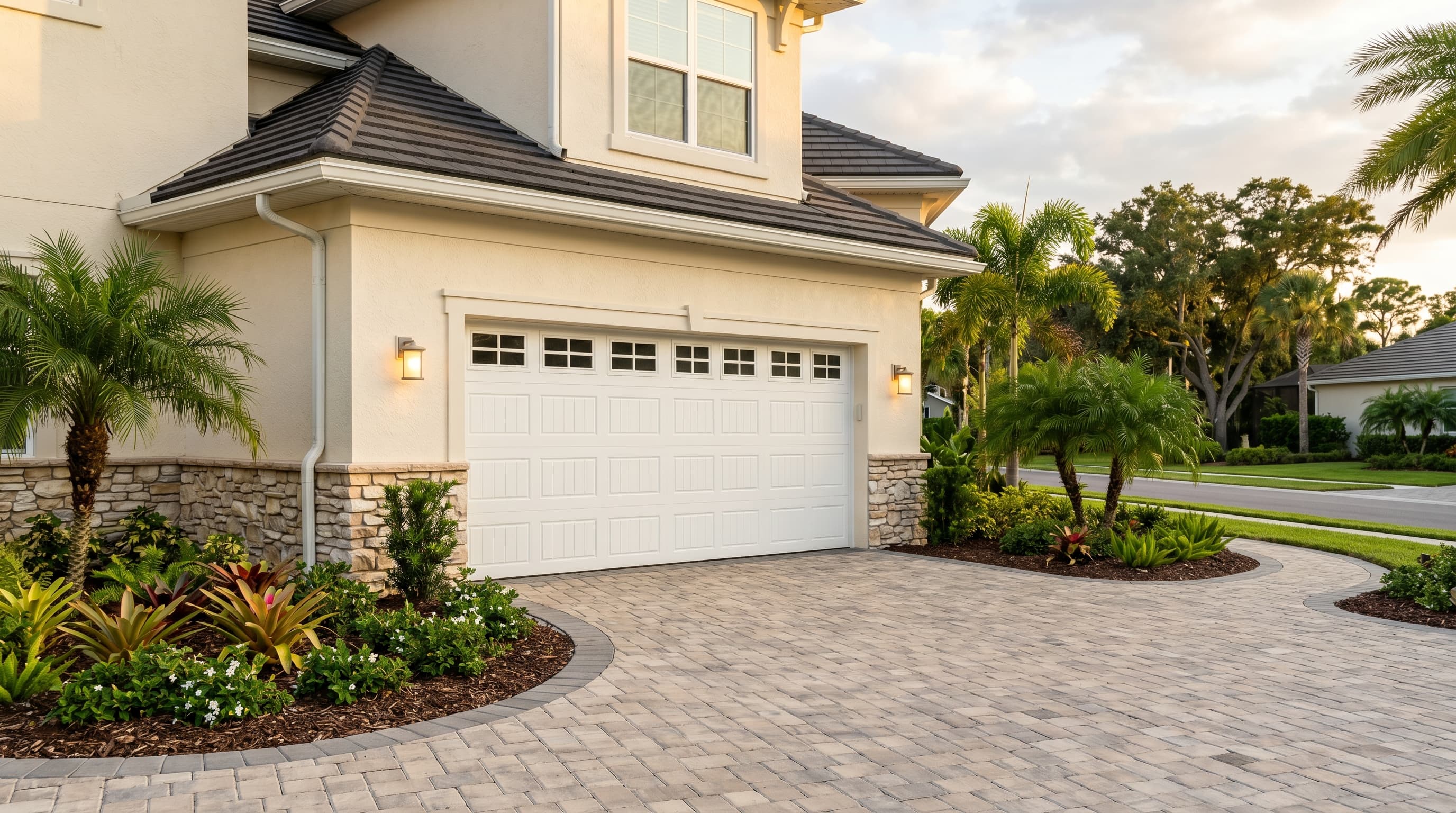 Florida home garage with white raised-panel insulated door set into cream stucco wall with stone accent
