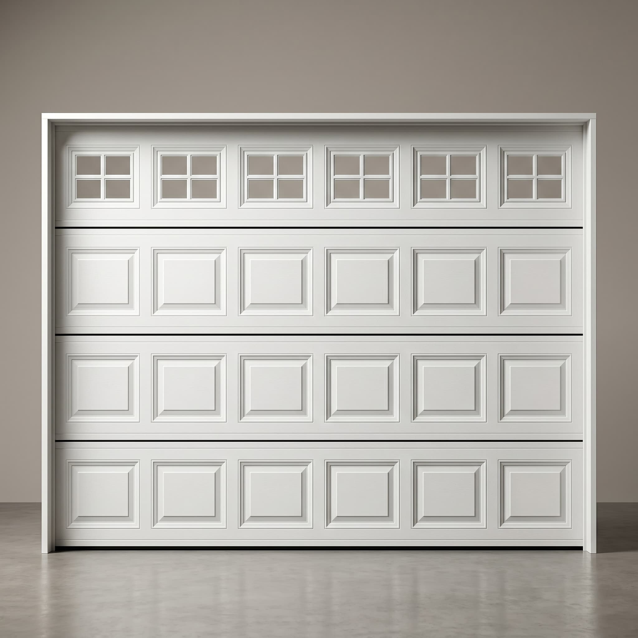 White raised-panel garage door with horizontal window row