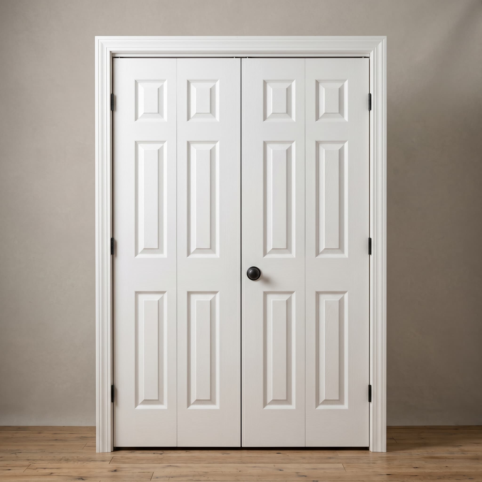 White-primed bifold closet door with two folding panels