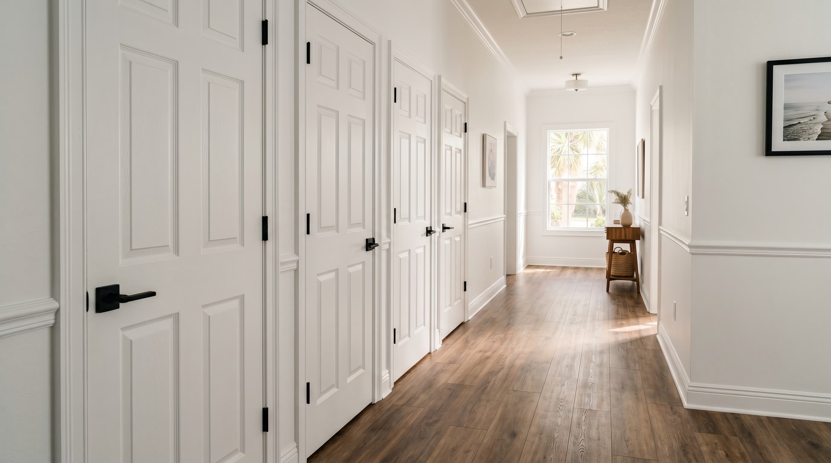 Florida hallway interior with white painted six-panel interior doors lining one wall