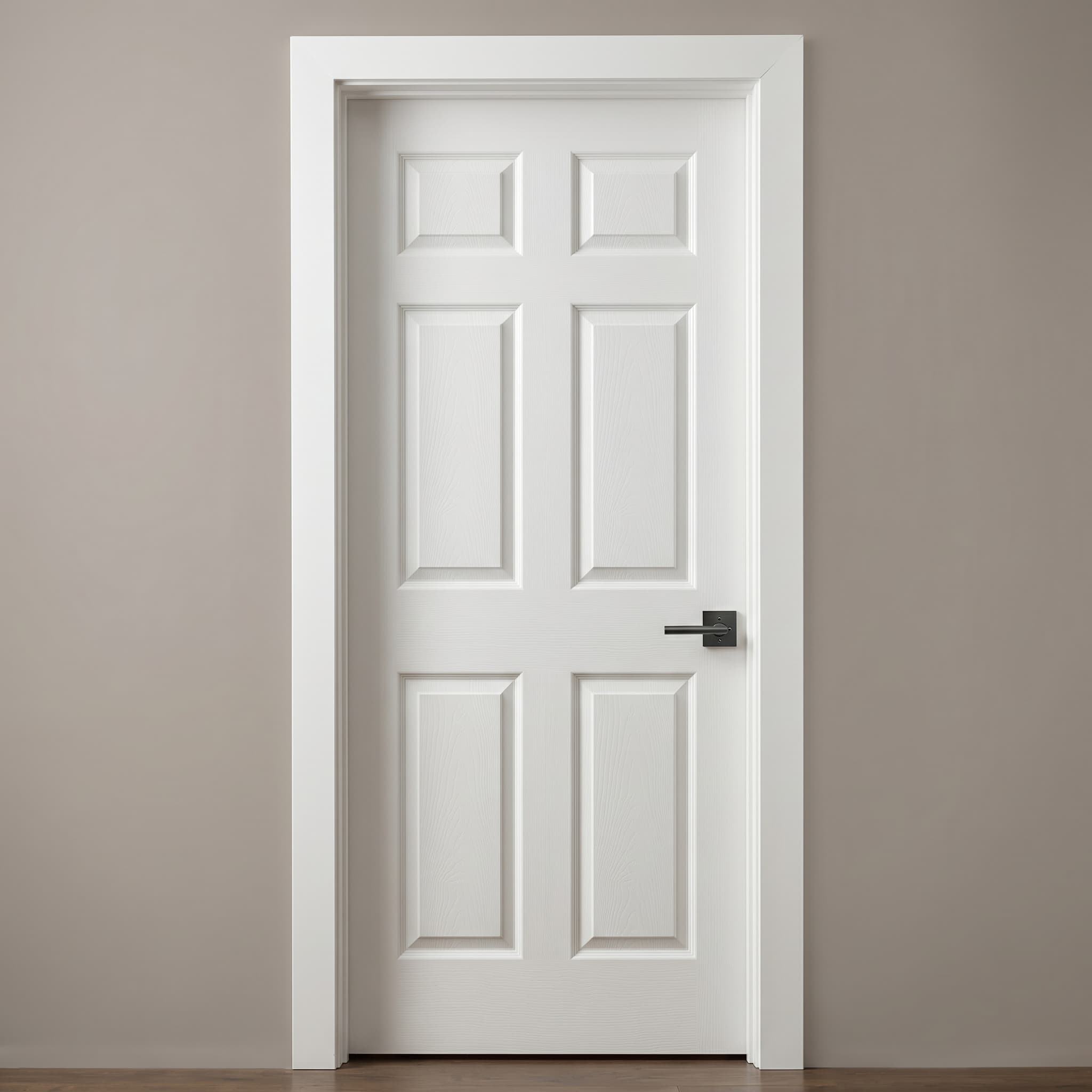 White-primed six-panel molded interior door with brushed black lever handle