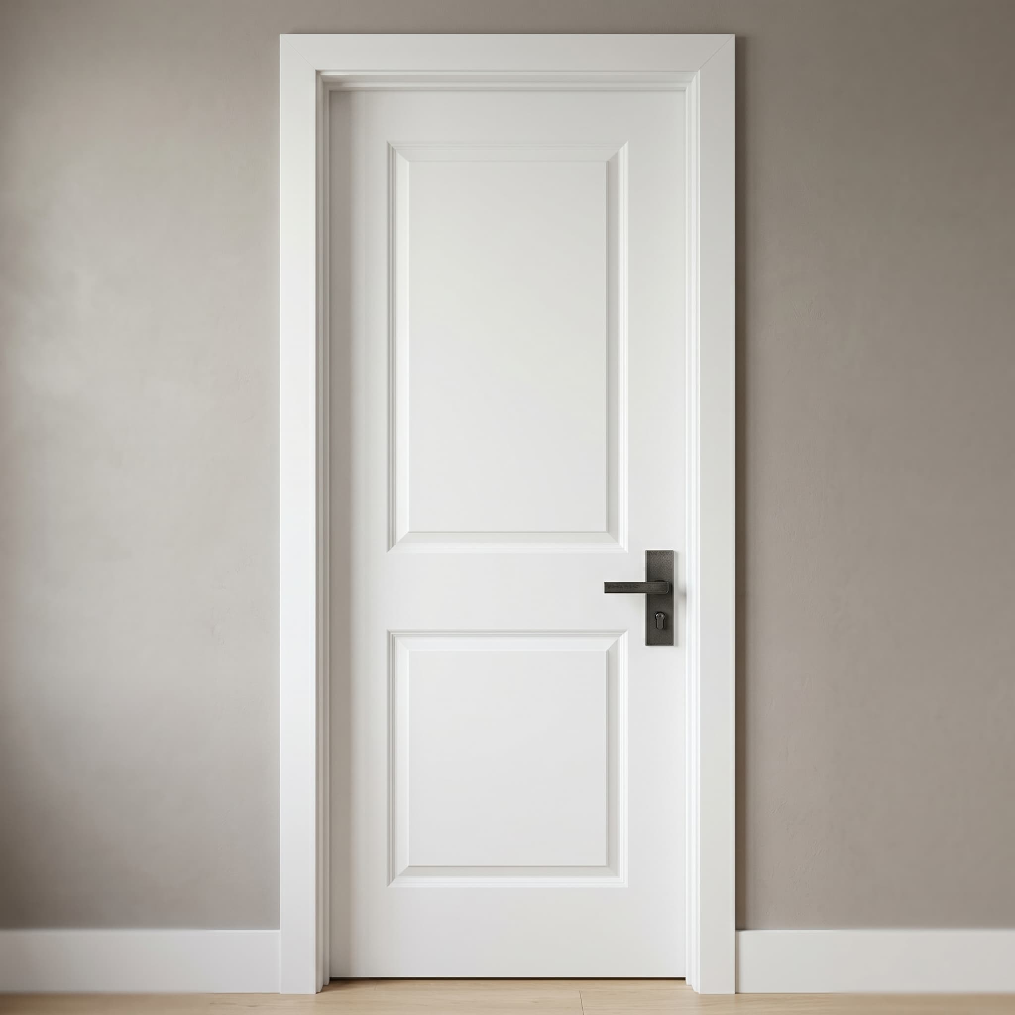 White-primed two-panel molded interior door with brushed black lever handle