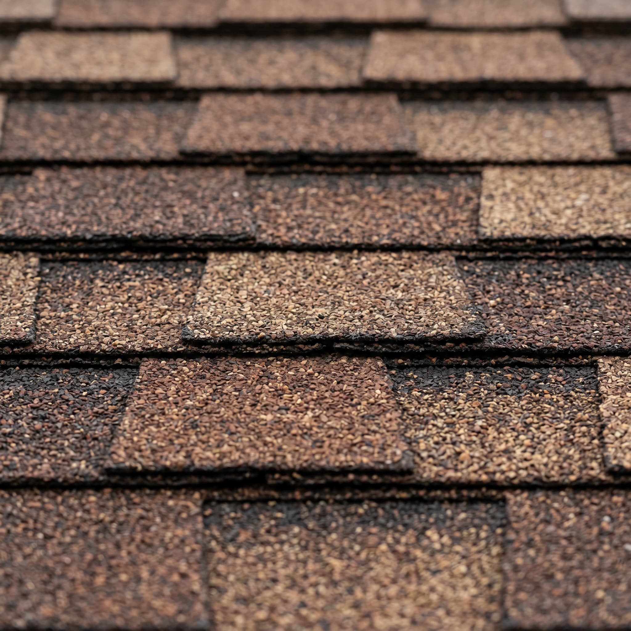 Rich earthy brown architectural asphalt shingles with chocolate and cinnamon granule variation