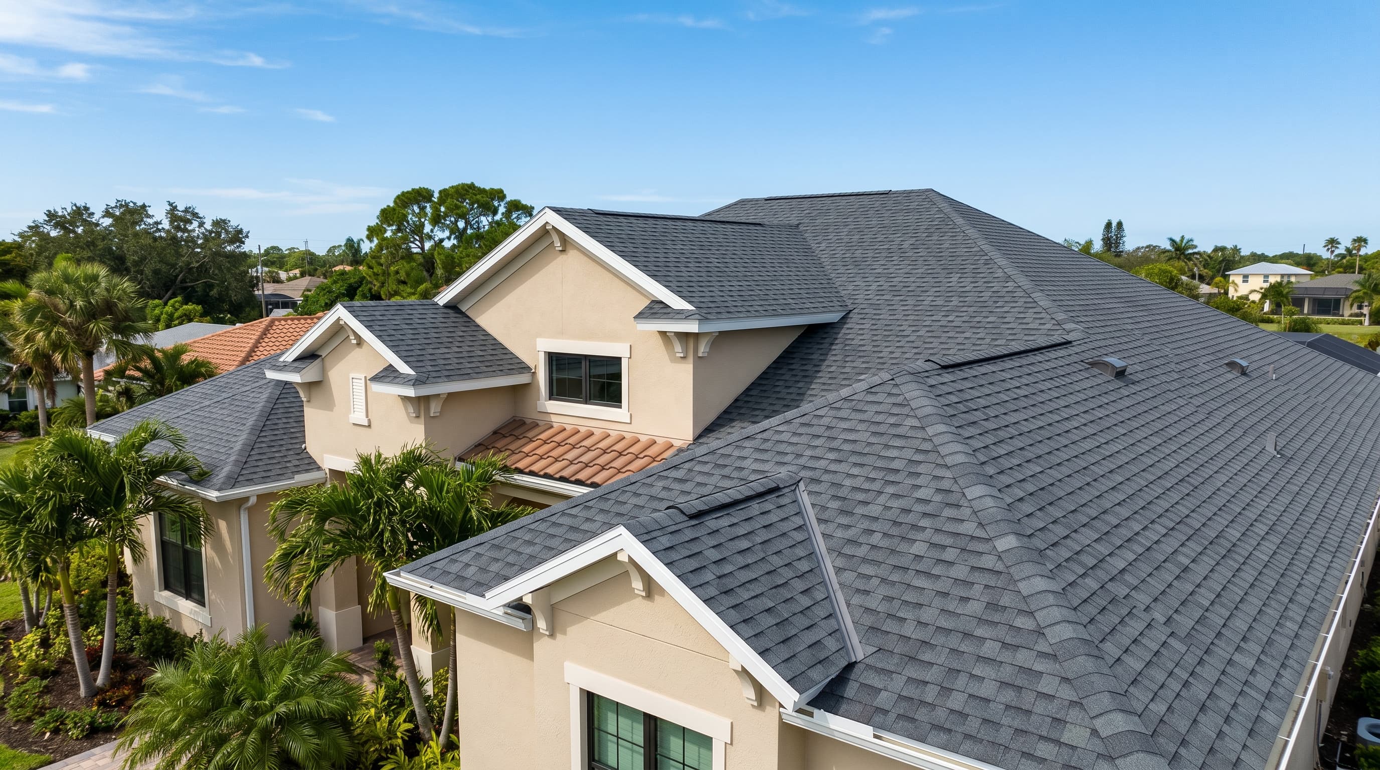 Florida home roofscape with charcoal-gray dimensional architectural shingles under clear blue sky