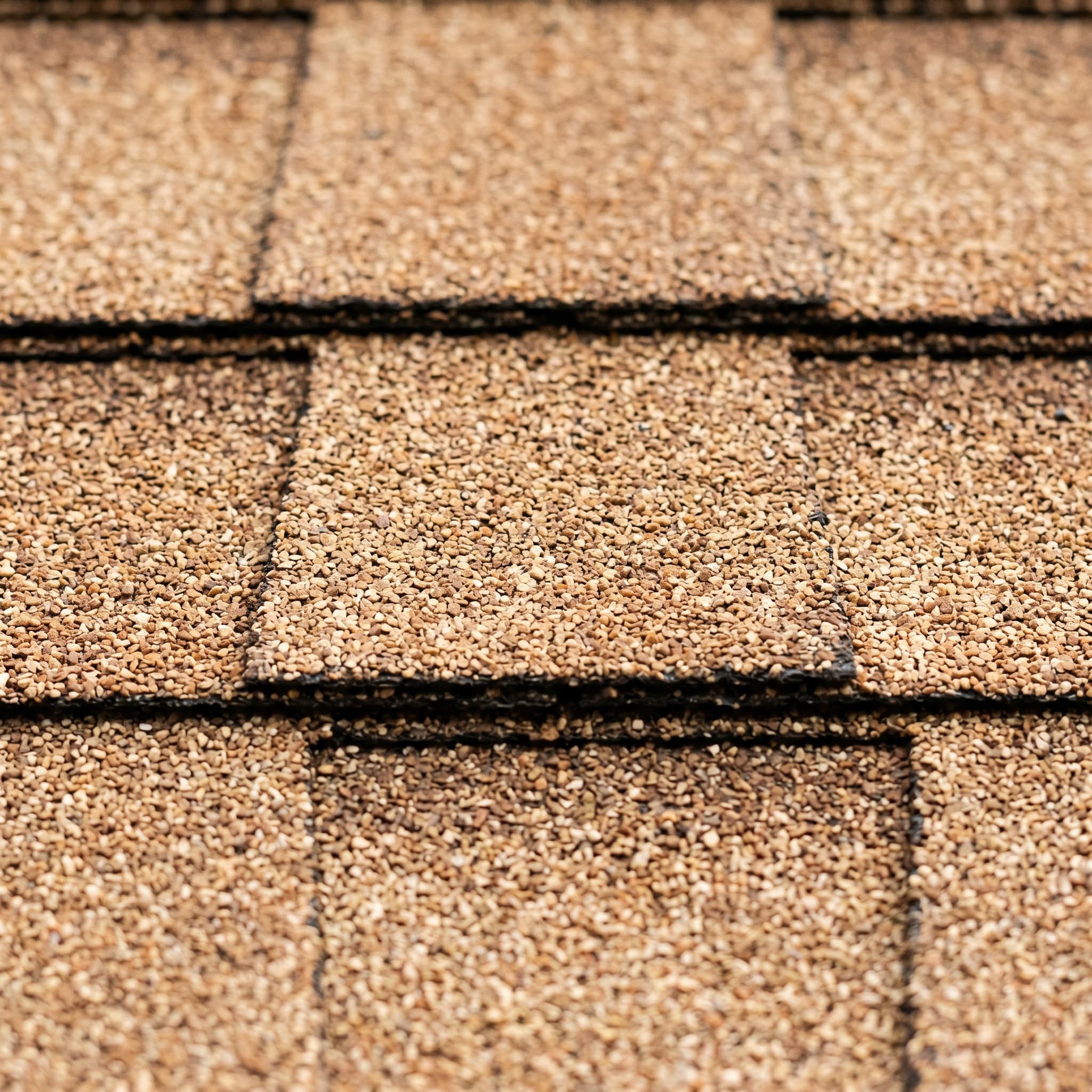 Light tan-brown architectural asphalt shingles with sandy beige and caramel granule variation