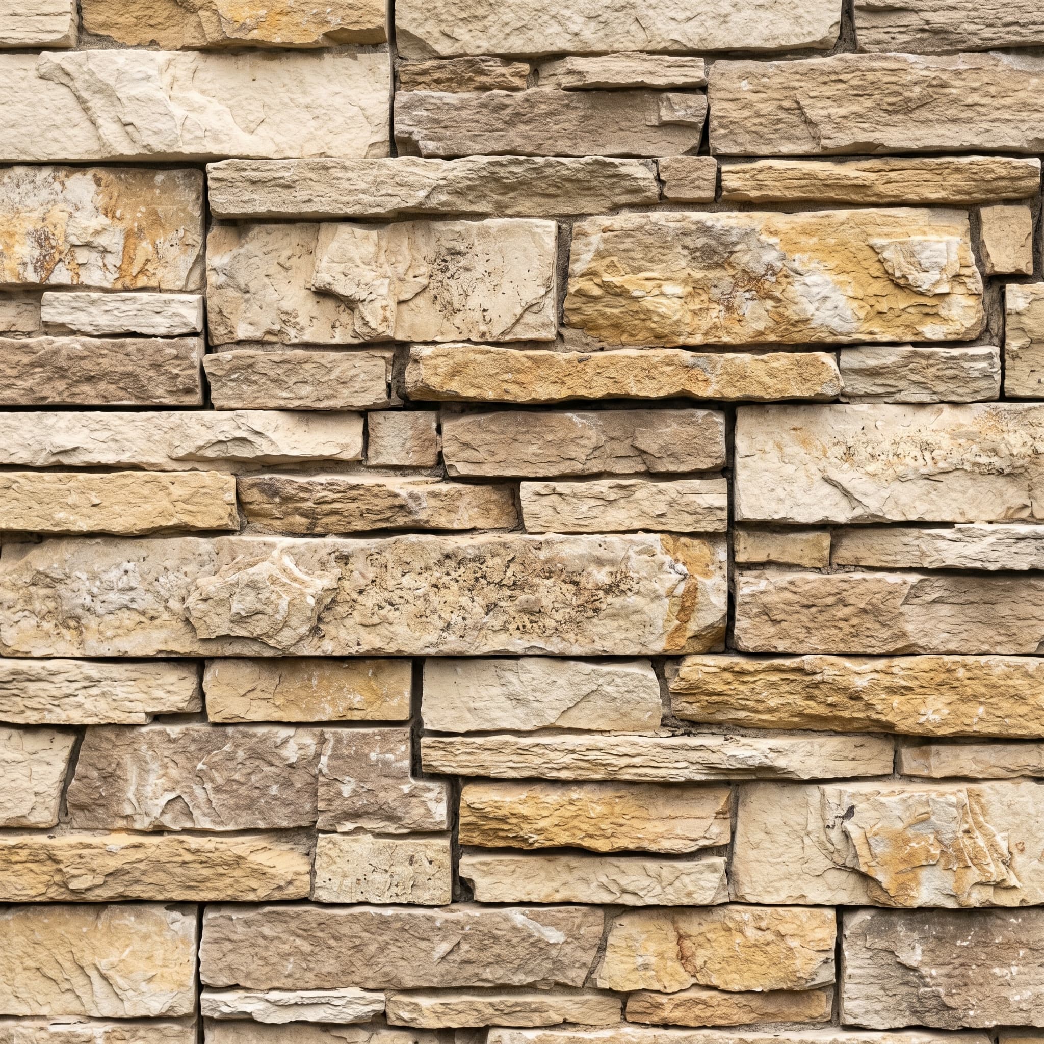 Country Ledge stacked stone — mixed cream, beige, taupe, and soft gold tones