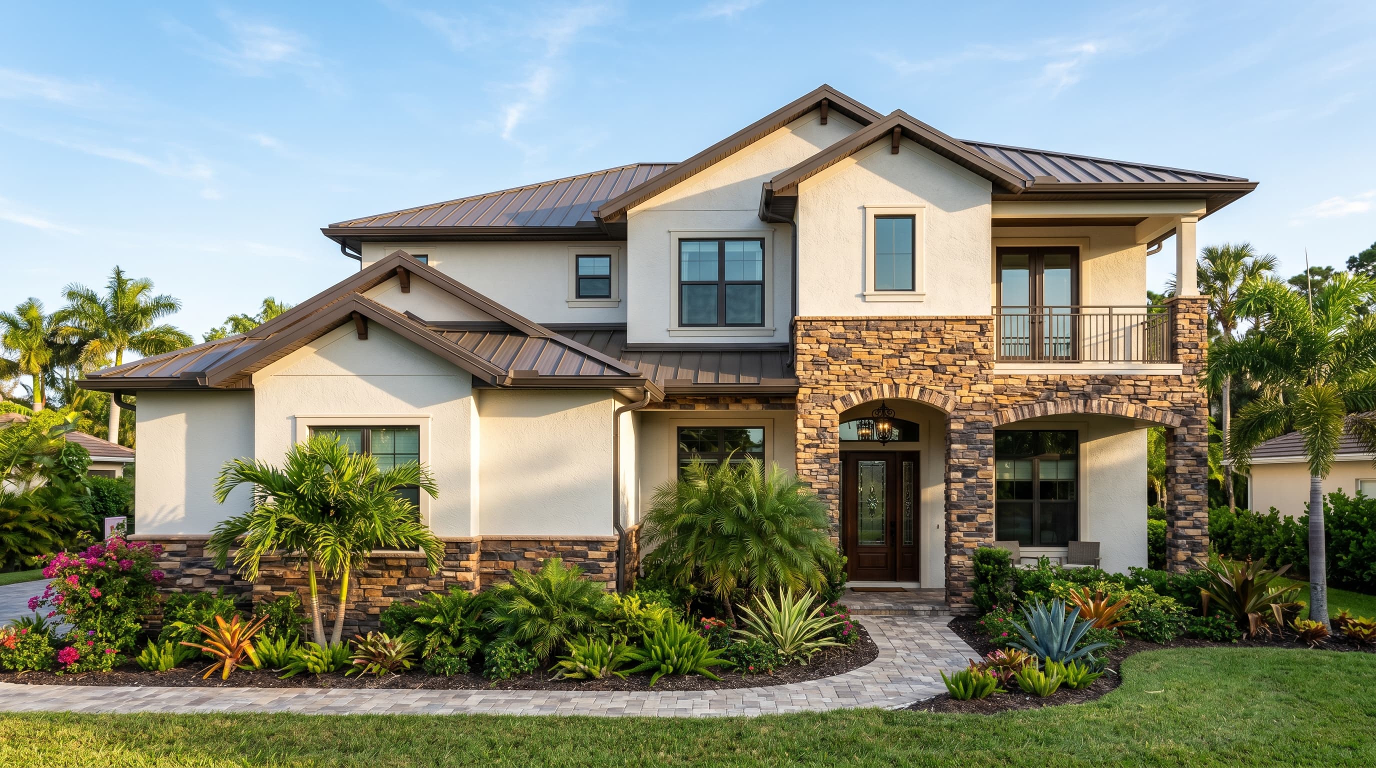 Florida home front elevation wrapped in stacked natural stone veneer with tropical landscaping