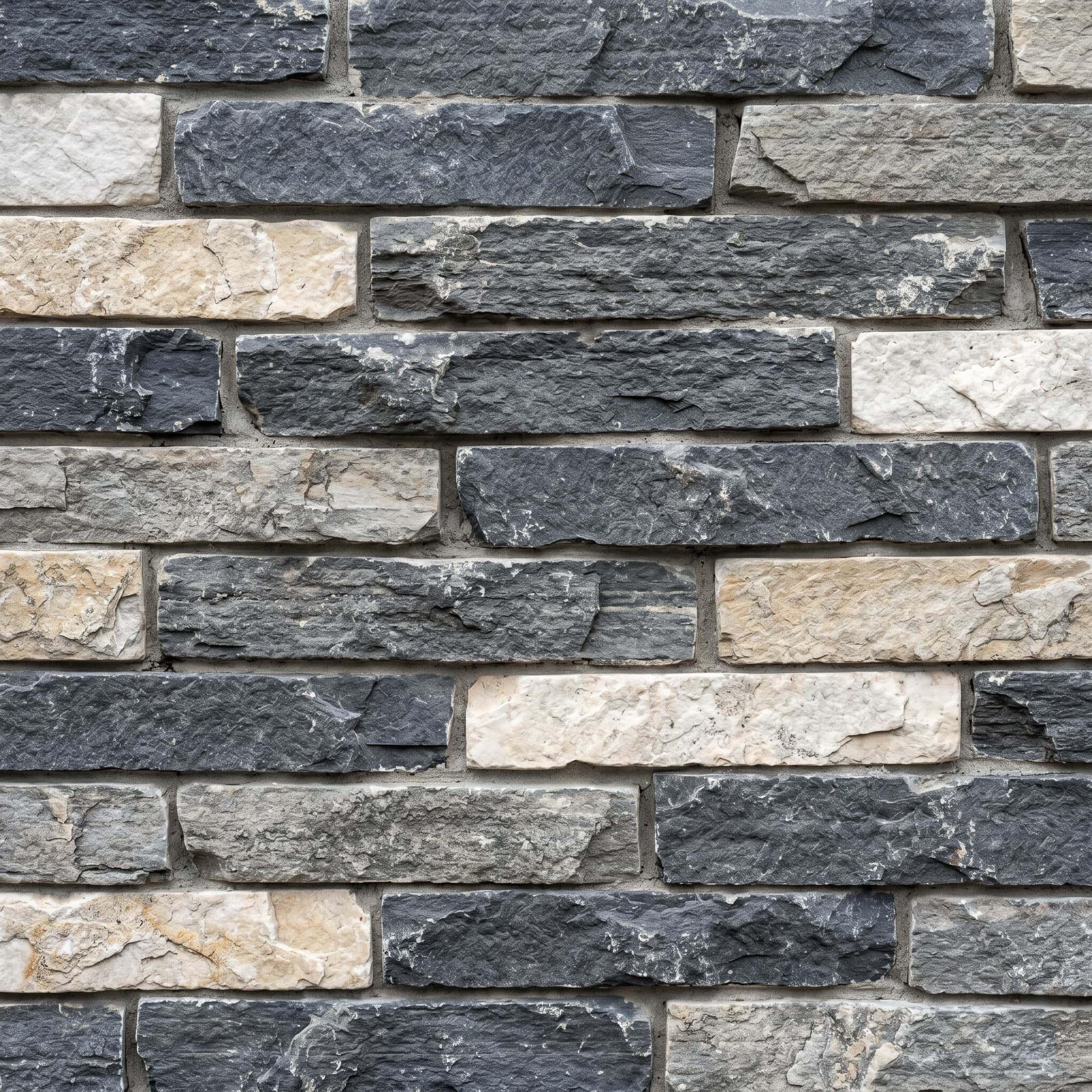 Slate Mix stacked stone — cool charcoal and slate gray tones with cream accents