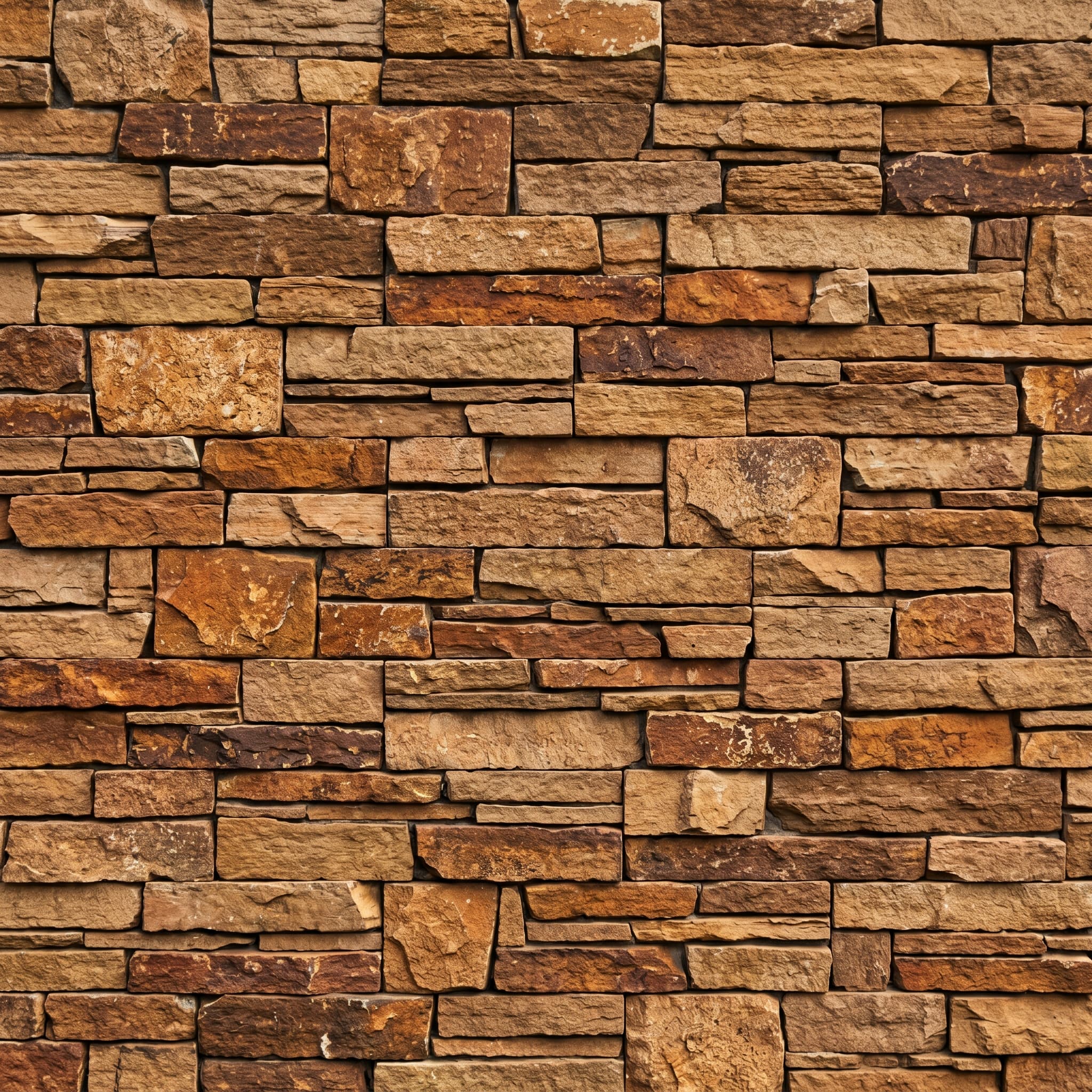 Warm Mountain stacked stone — earthy browns and burnt orange tones in ledgestone courses