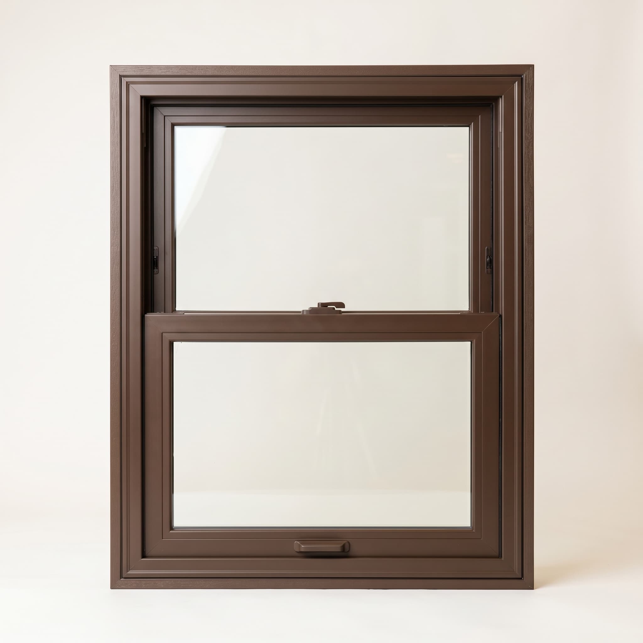 Single-hung warm brown vinyl window with two glass sashes