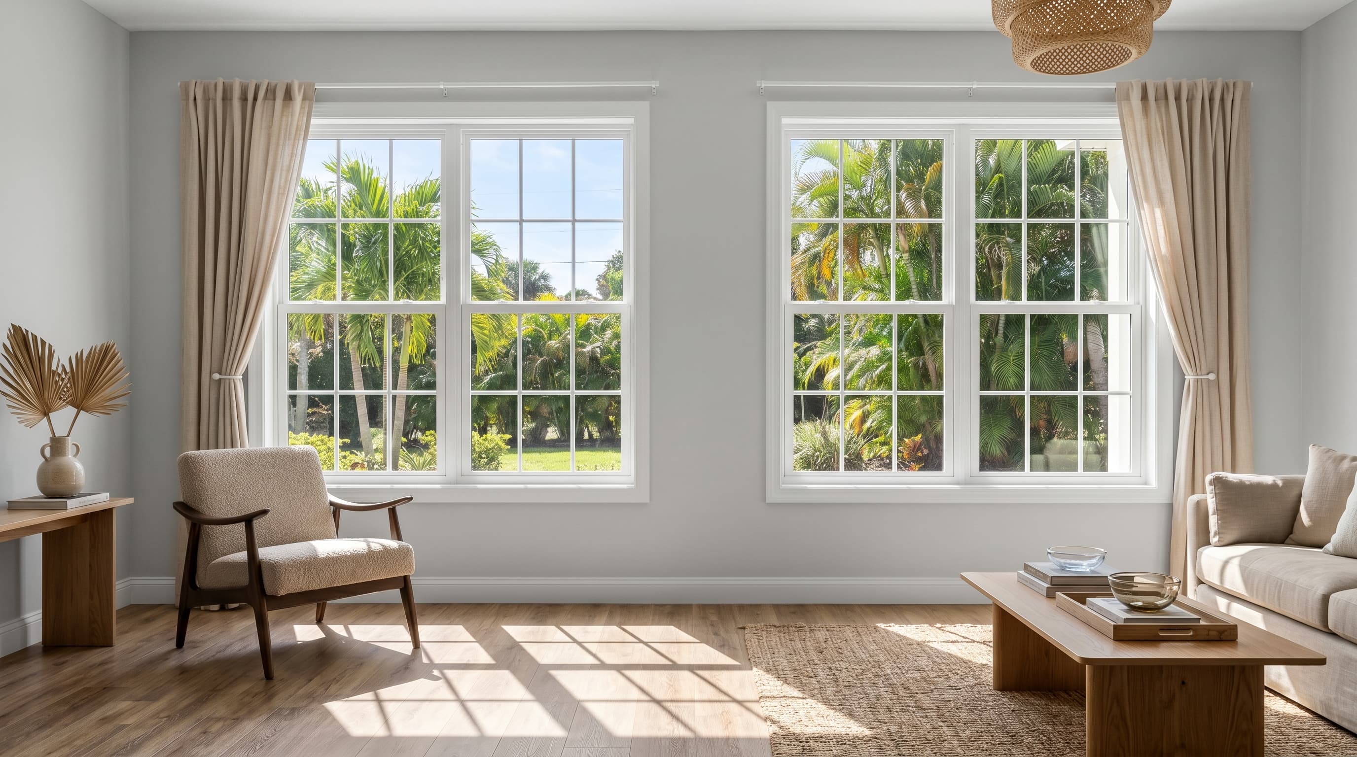 Florida living room with two large white single-hung vinyl windows letting in daylight