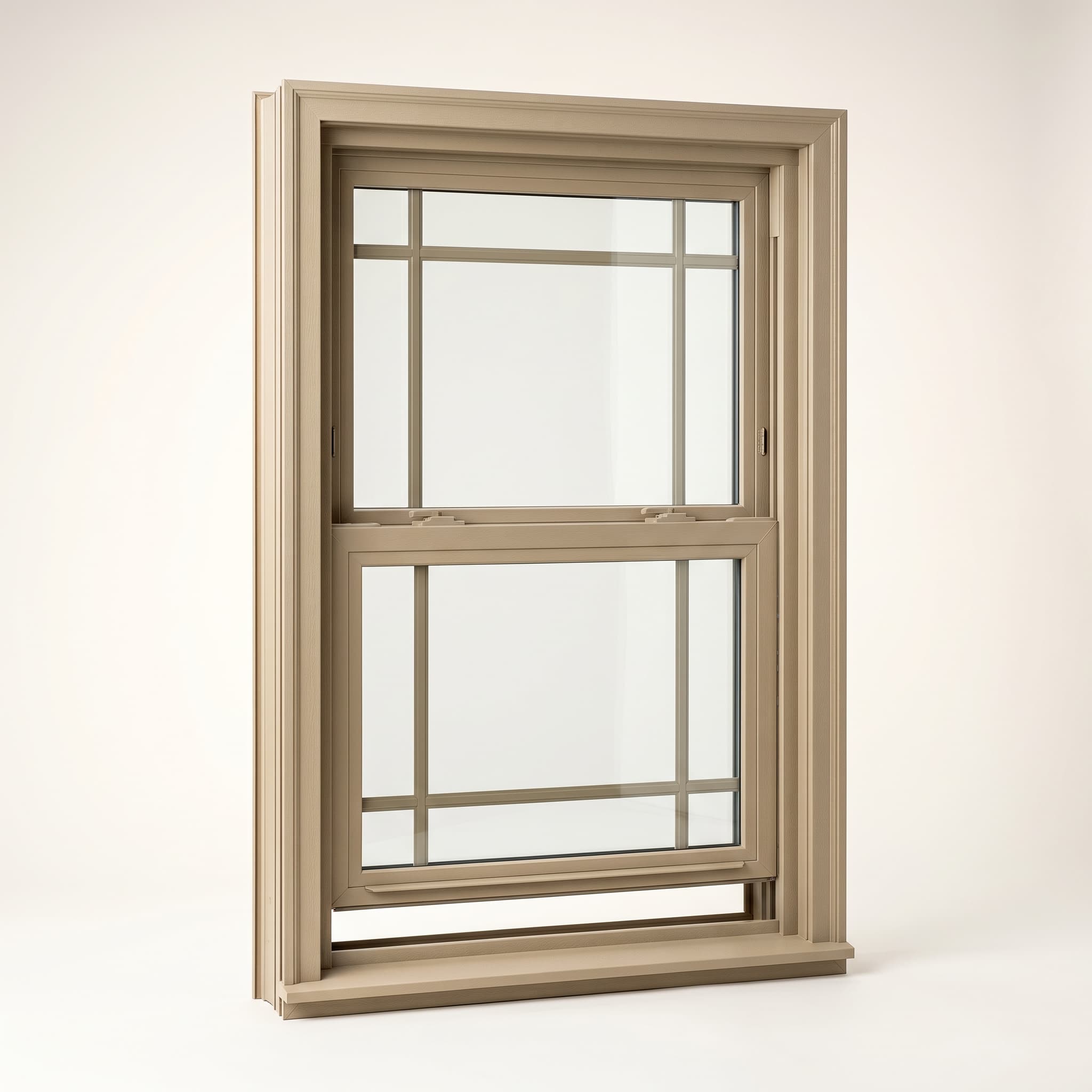 Single-hung sand-beige vinyl window with two glass sashes