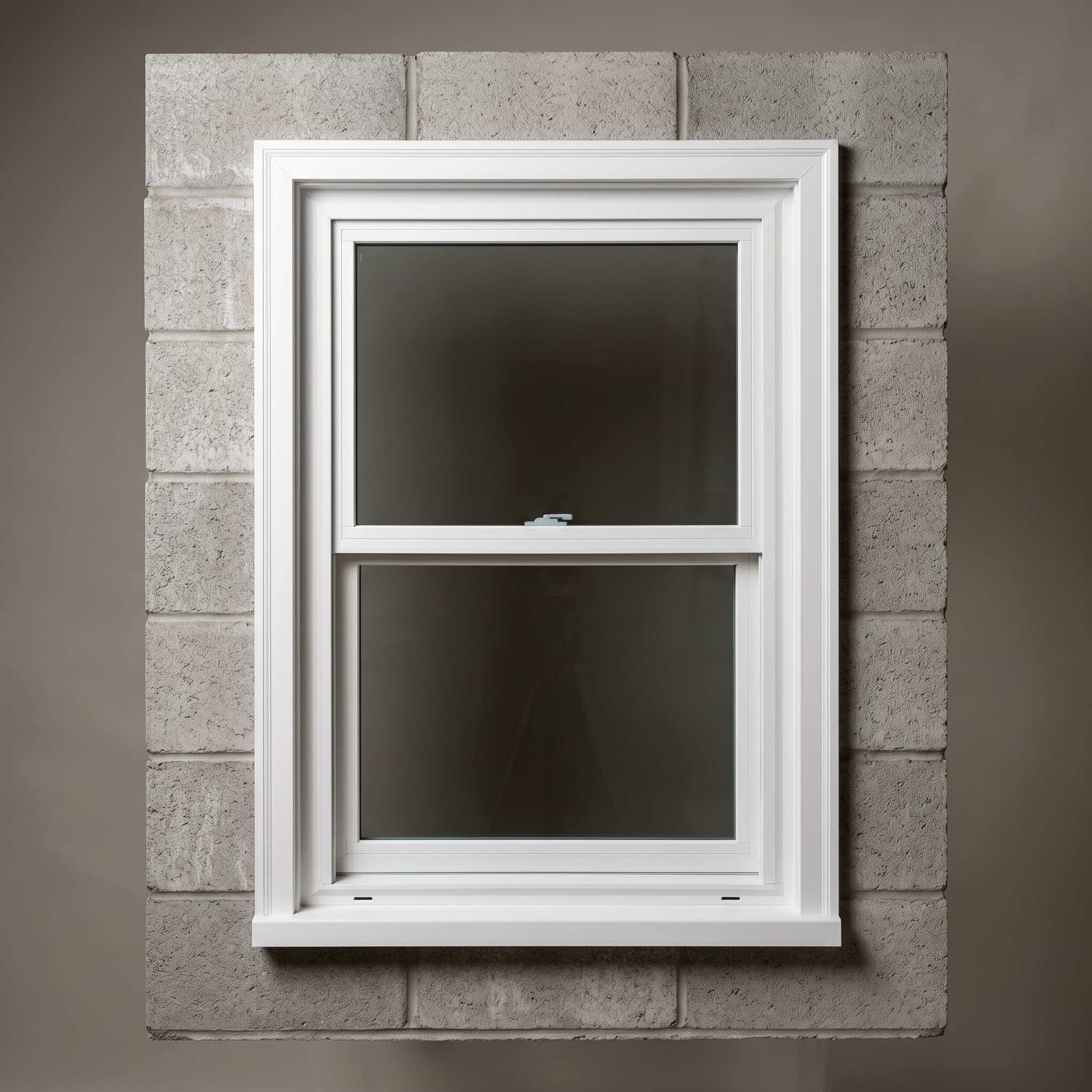 Single-hung white vinyl window with two glass sashes