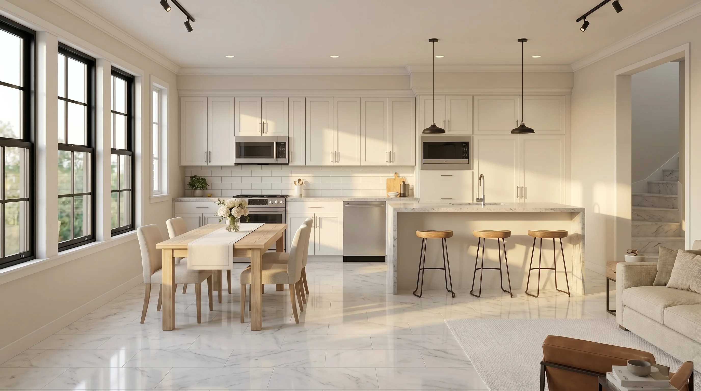 Suggested interior rendering of the open-plan kitchen, dining, and great room — white shaker cabinets, light gray granite island, hickory luxury vinyl plank floors, white subway tile, black-framed windows, modern farmhouse warmth