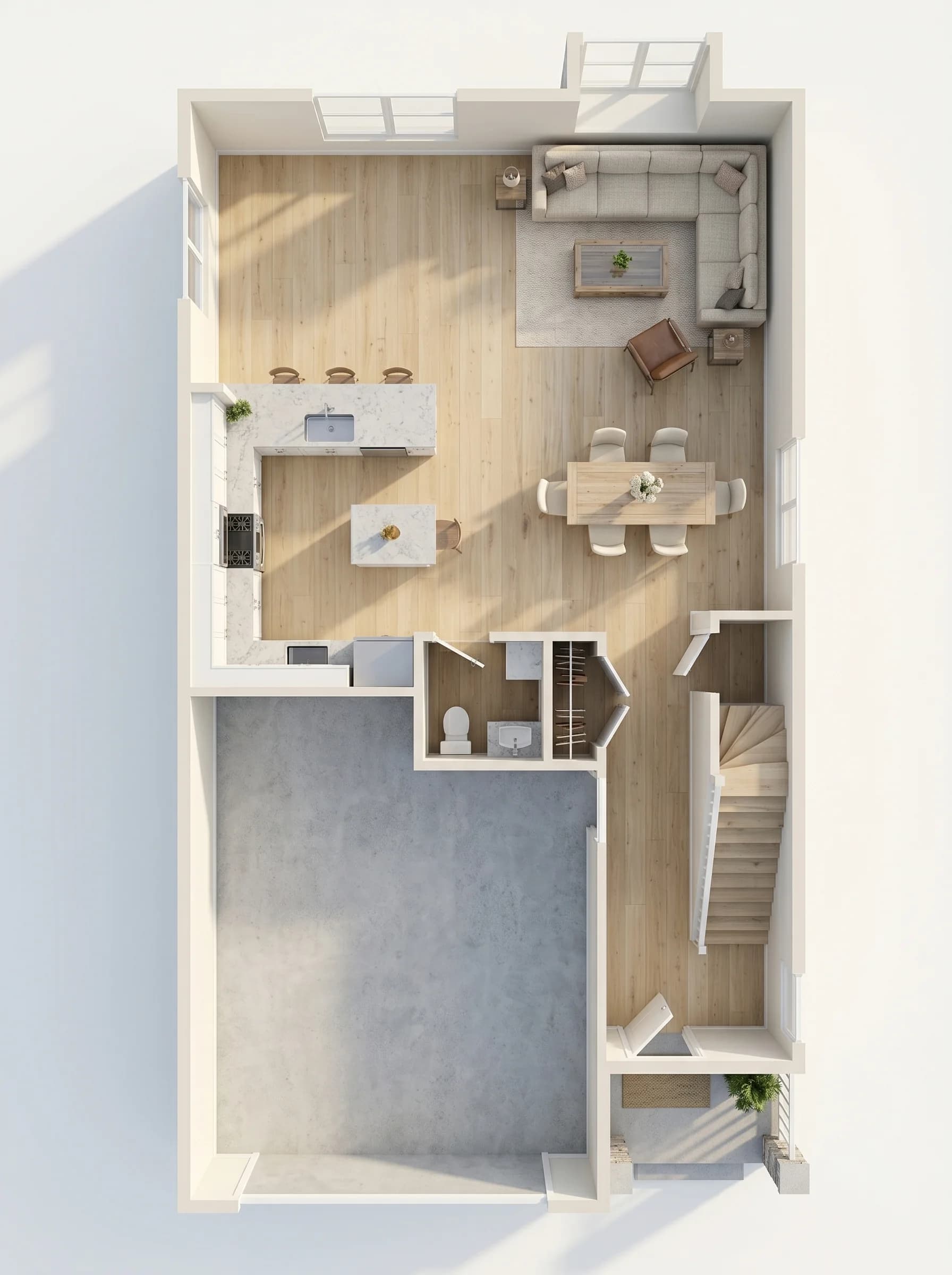 Suggested 3D dollhouse cutaway of the 1st level — great room with sectional, galley kitchen with center island and granite, dining for six, powder room and staircase up, attached one-car garage with covered-porch entry