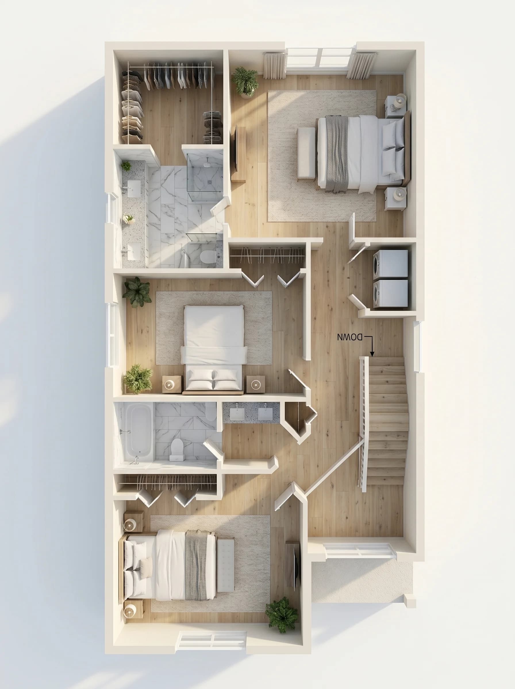 Suggested 3D dollhouse cutaway of the 2nd level — master suite with walk-in closet and master bath, two secondary bedrooms, hall bathroom, W/D laundry closet, staircase down