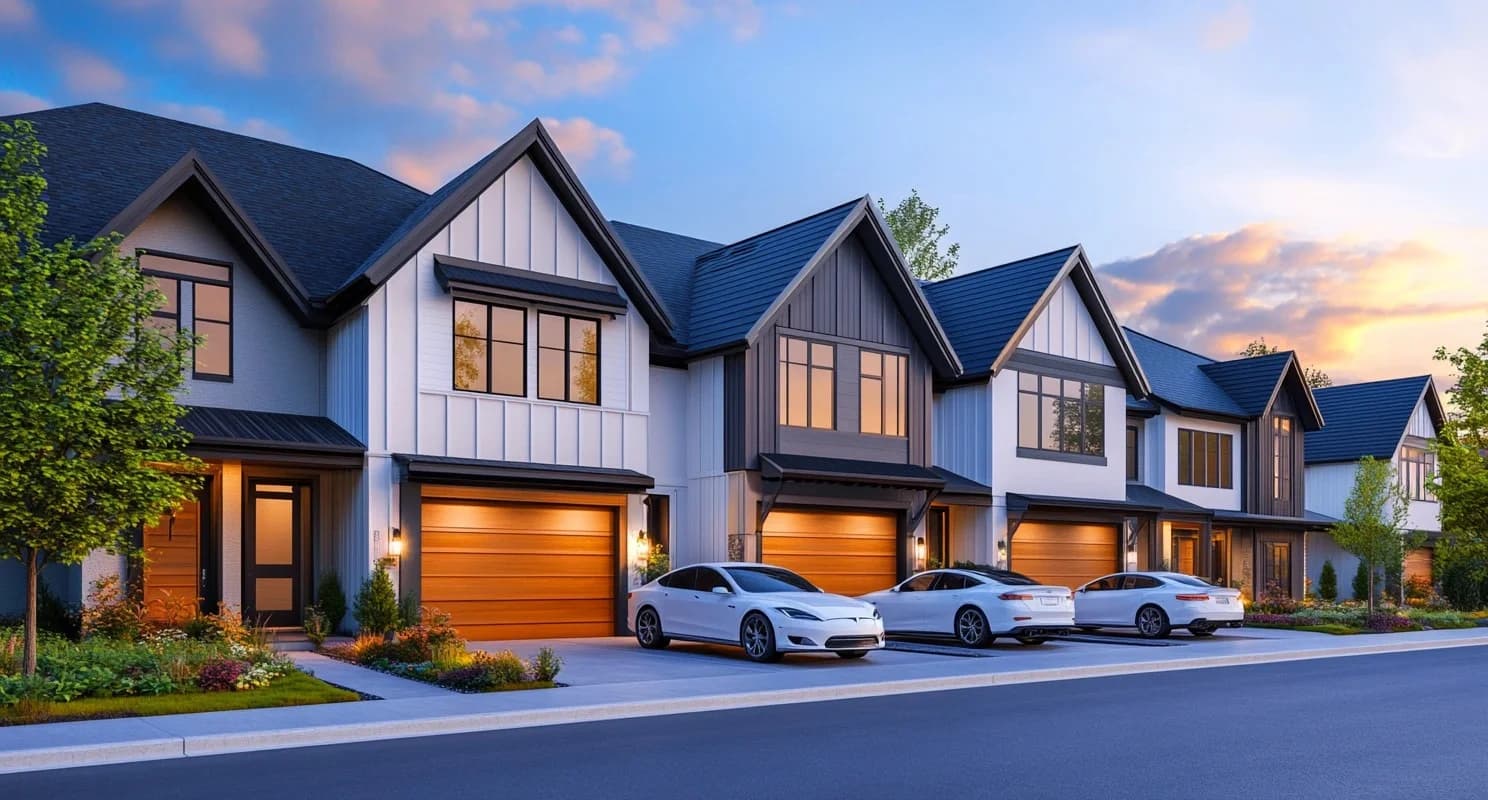 Suggested rendering of a row of Bahia Luxe Village 3 townhomes at sunset, with garage doors, paired driveways, and gabled roofs