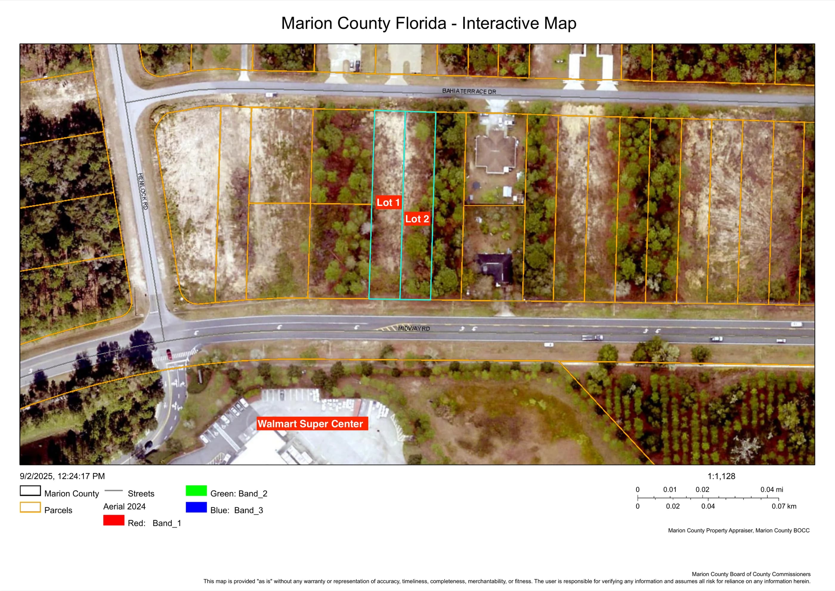 Marion County GIS aerial plan with Lot 1 and Lot 2 outlined on Bahia Terrace Drive, Walmart Super Center labeled to the south