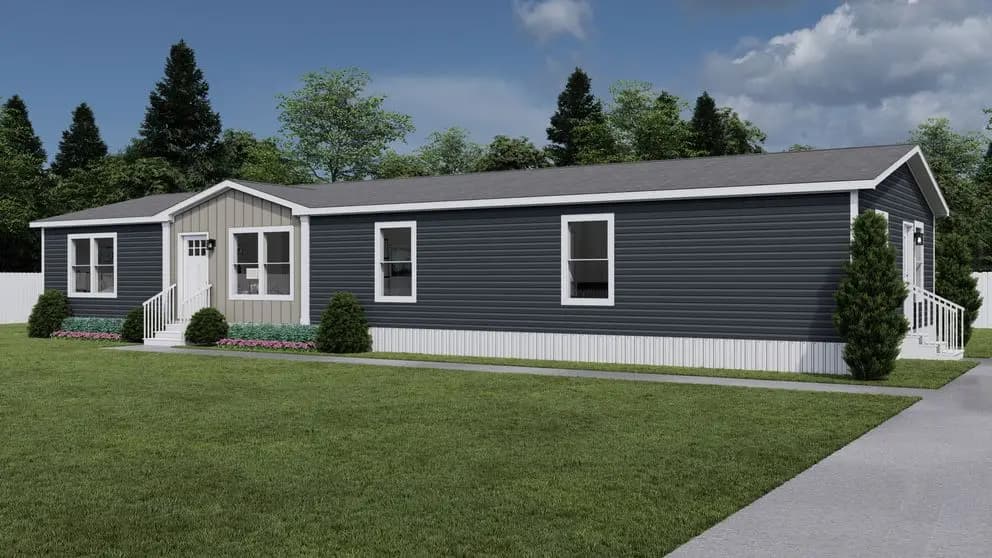Charcoal exterior elevation of a Lucky Ranch manufactured home — dark gray siding with white trim, gable porch entry, white-rail steps, and landscaped front lawn