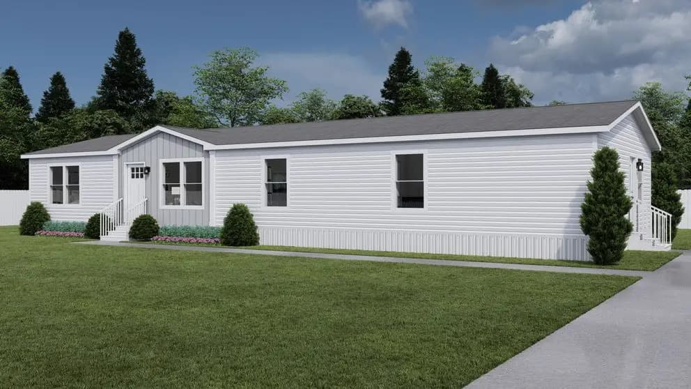 White exterior elevation of a Lucky Ranch manufactured home — white siding with white trim, dark roof, gable porch entry, and landscaped front lawn