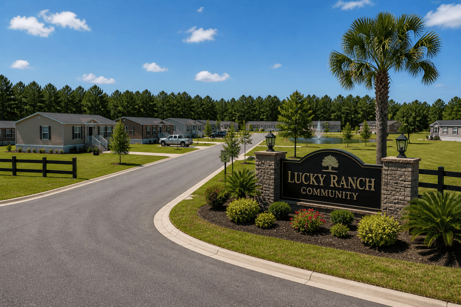 Lucky Ranch Community entrance — stone monument sign with the Lucky Ranch oak-tree logo, paved entry road curving past landscaped beds, a palm tree, a central green courtyard with a fountain, and finished manufactured homes lining the street under a clear Florida sky