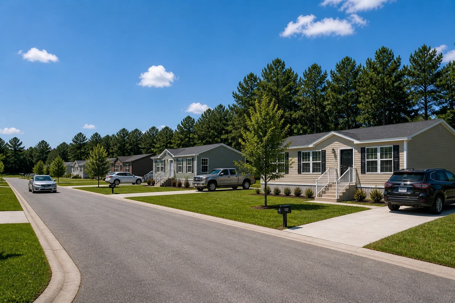 Lucky Ranch streetscape — paved residential street with paired finished manufactured homes in cream and gray, vehicles in driveways, mature pine canopy backdrop, manicured front lawns and curbed sidewalks
