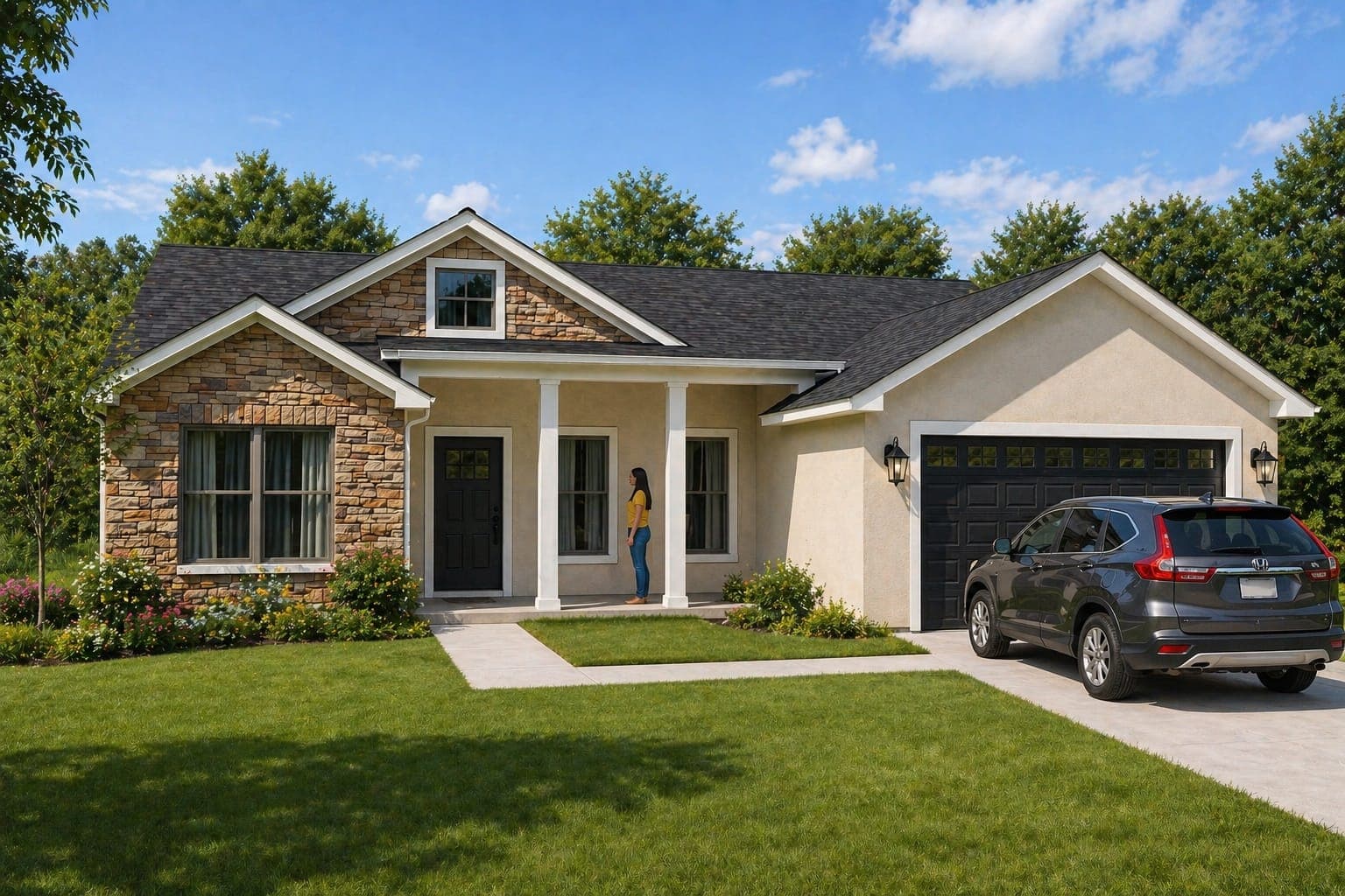 Cream stucco craftsman with stone wainscot wing, dark hipped roof, central dormer, twin-column covered porch, dark front door, dark double garage door, and a homeowner under the porch