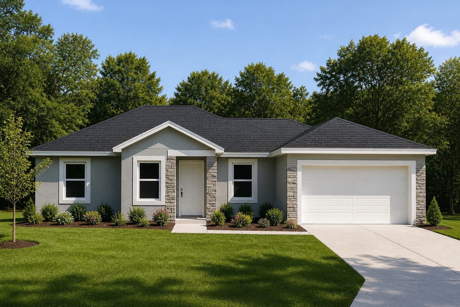Light gray stucco home with stone wainscot accents, dark hipped roof, central gable, white front door, double garage, manicured front beds, and mature canopy backdrop