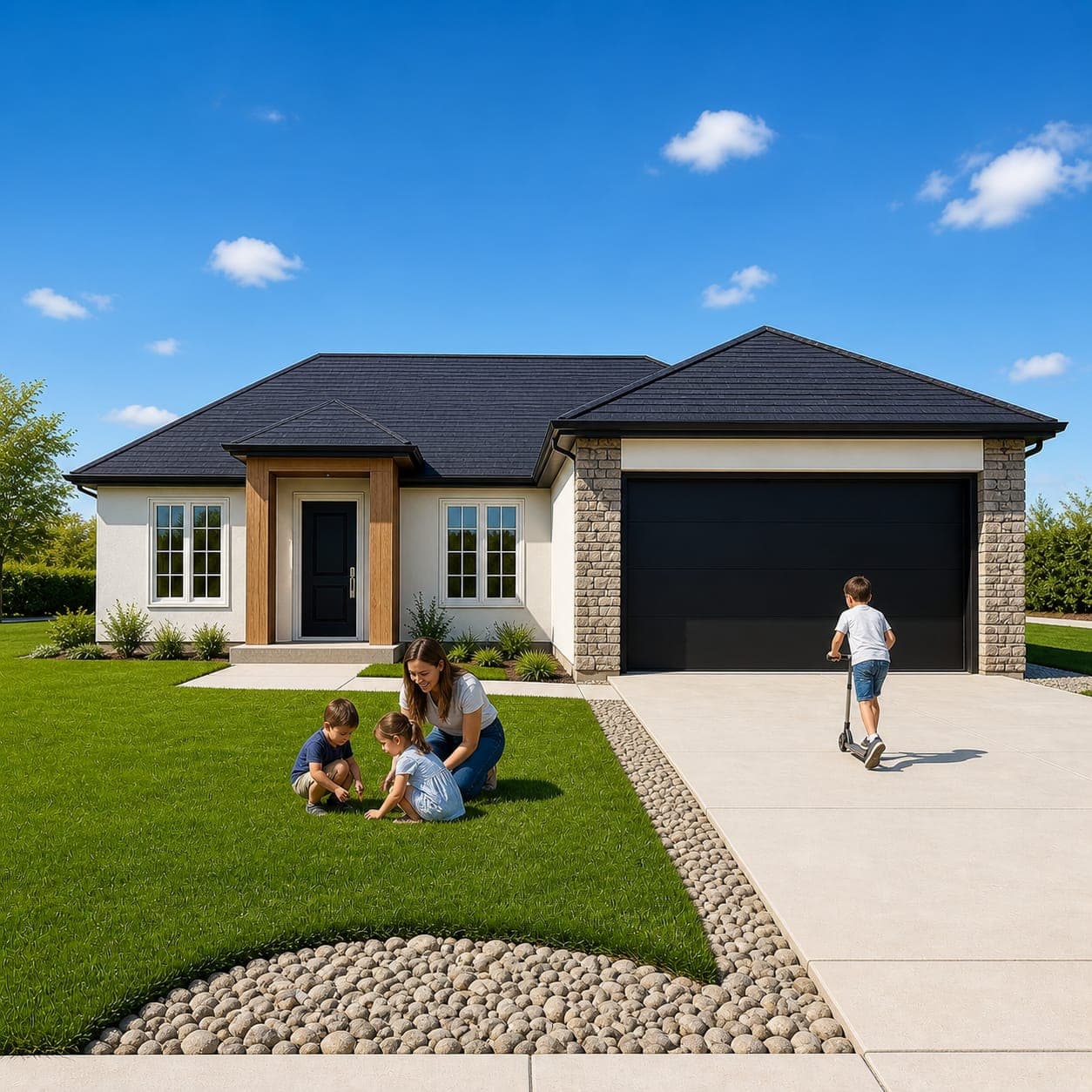 White stucco modern home with stone wainscot accents, dark hipped roof, wood-panel front door, dark double garage, family scene with mother and children playing on the front lawn