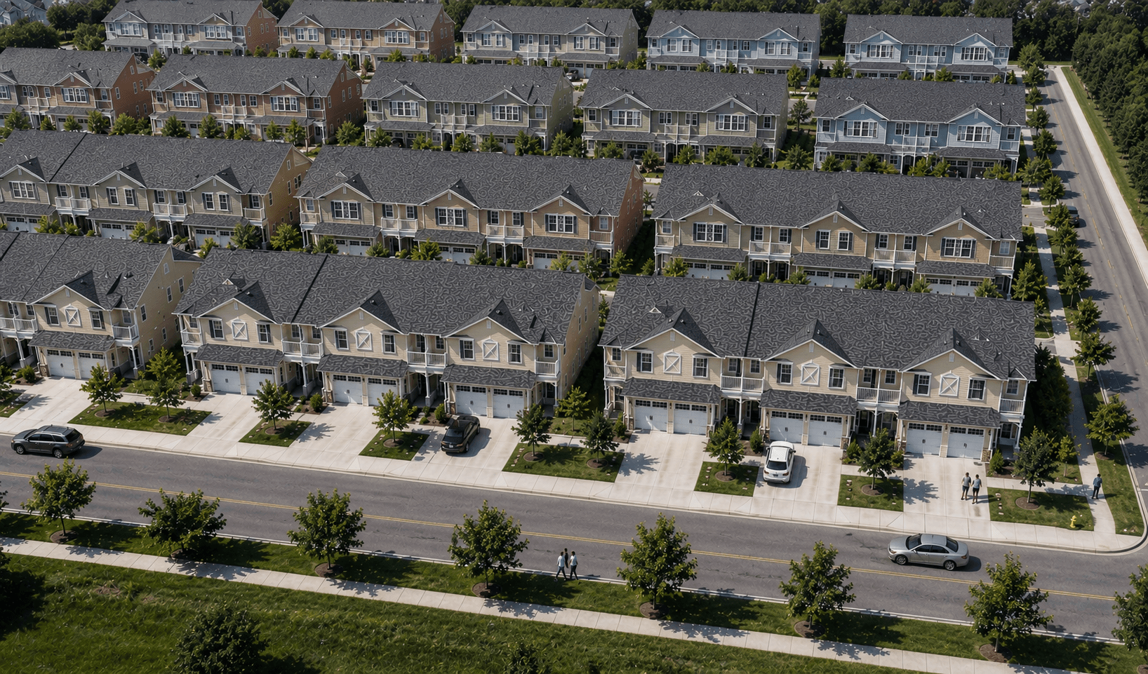 Aerial drone rendering of Pointe at Silver Springs — rows of two-story townhomes with garages and tree-lined streets across the full 5.48 AR-3 community in Marion County, Florida