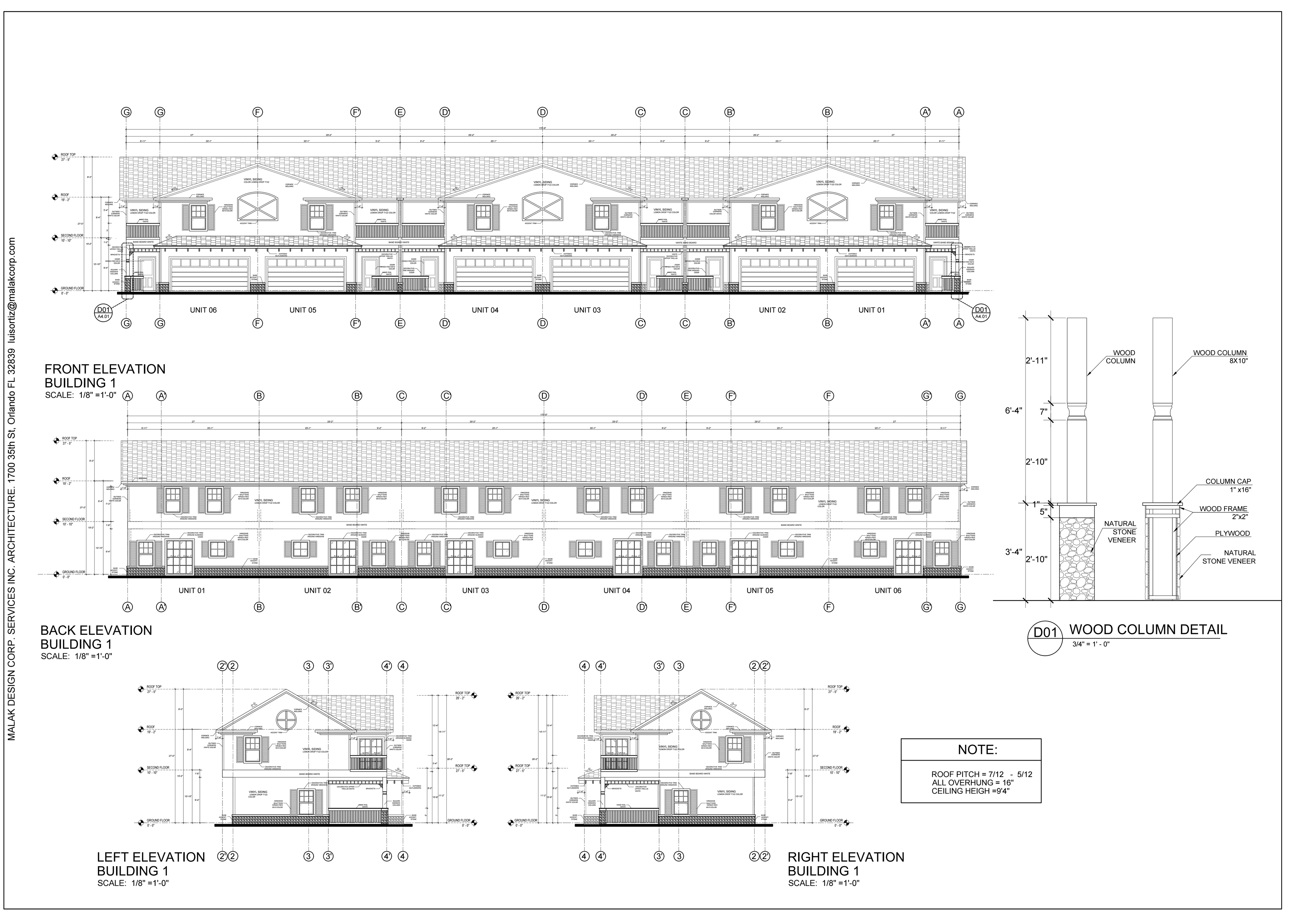 Building 1 stamped elevations — front, rear, and side elevations of the six-unit townhome row, dimensioned with rooflines, porches, windows, and garage doors