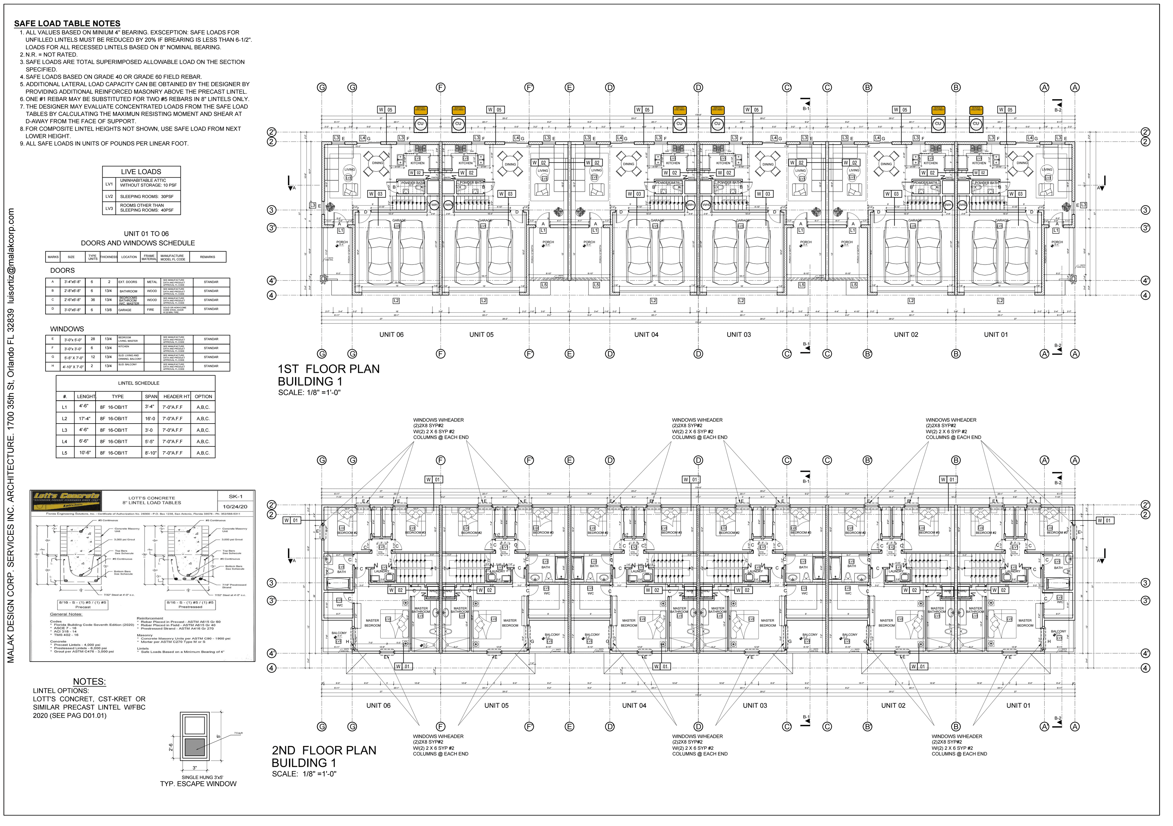 Building 1 stamped floor plan — six attached townhomes, 1st and 2nd level, dimensioned with foyers, garages, kitchens, living rooms, master suites, secondary bedrooms, and baths
