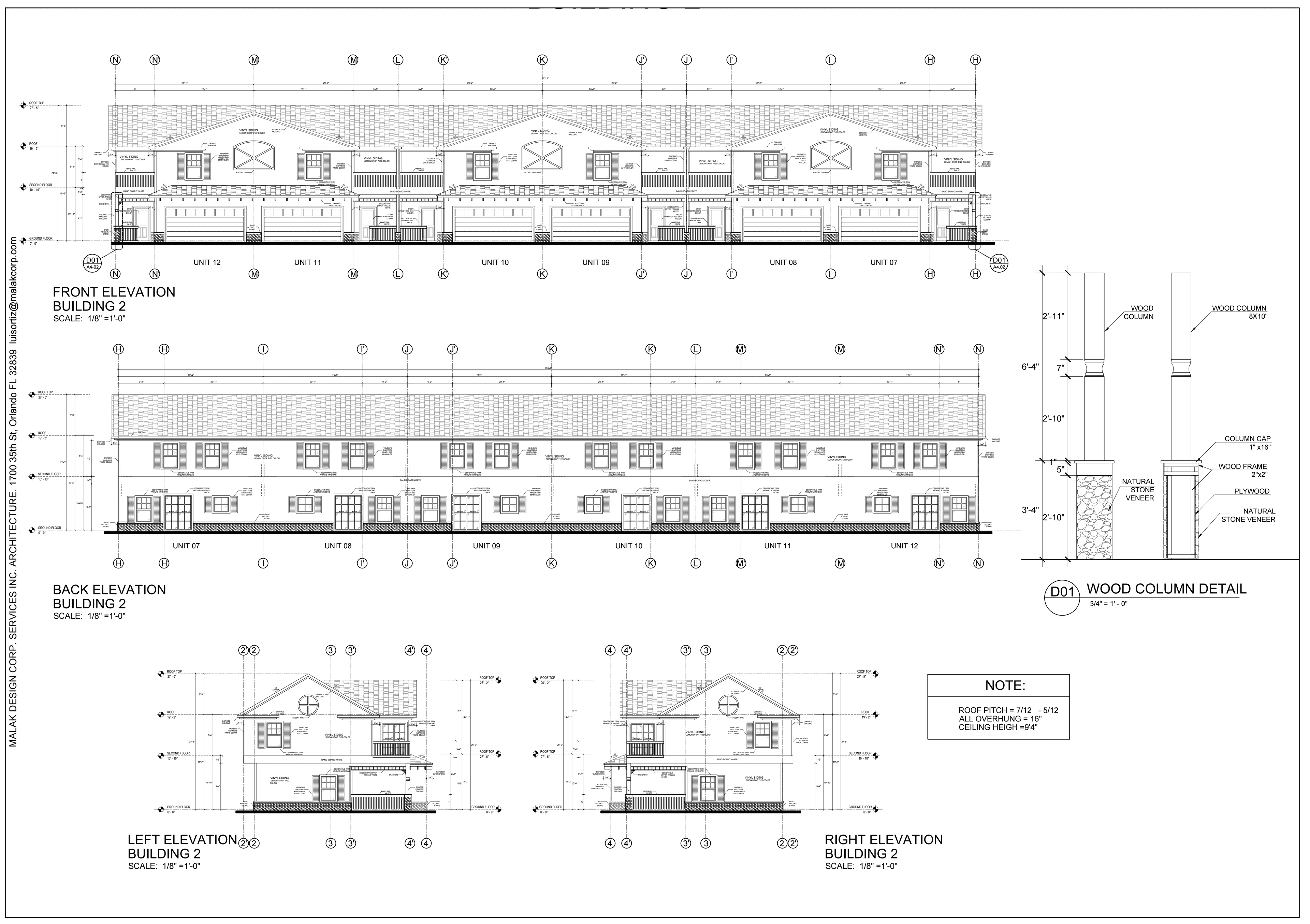 Building 2 stamped elevations — front, rear, and side elevations of the six-unit second building