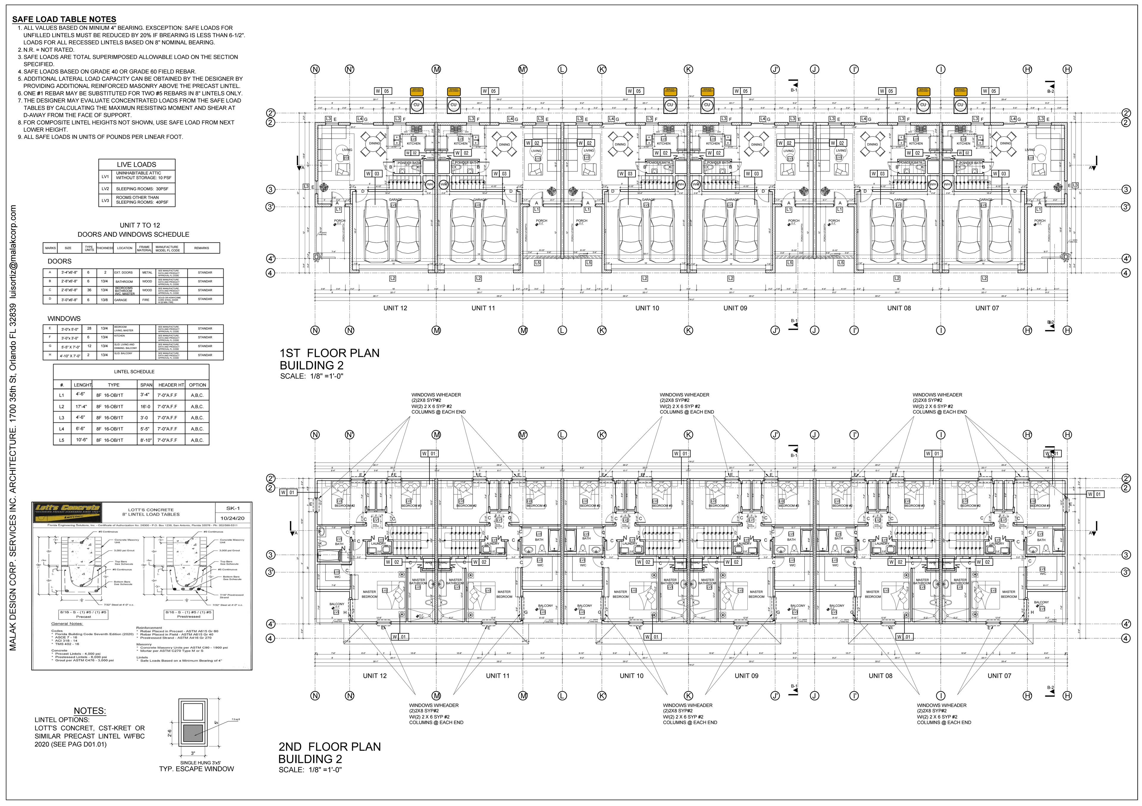 Building 2 stamped floor plan — six attached townhomes, 1st and 2nd level, dimensioned with the full unit layout repeated for the second building
