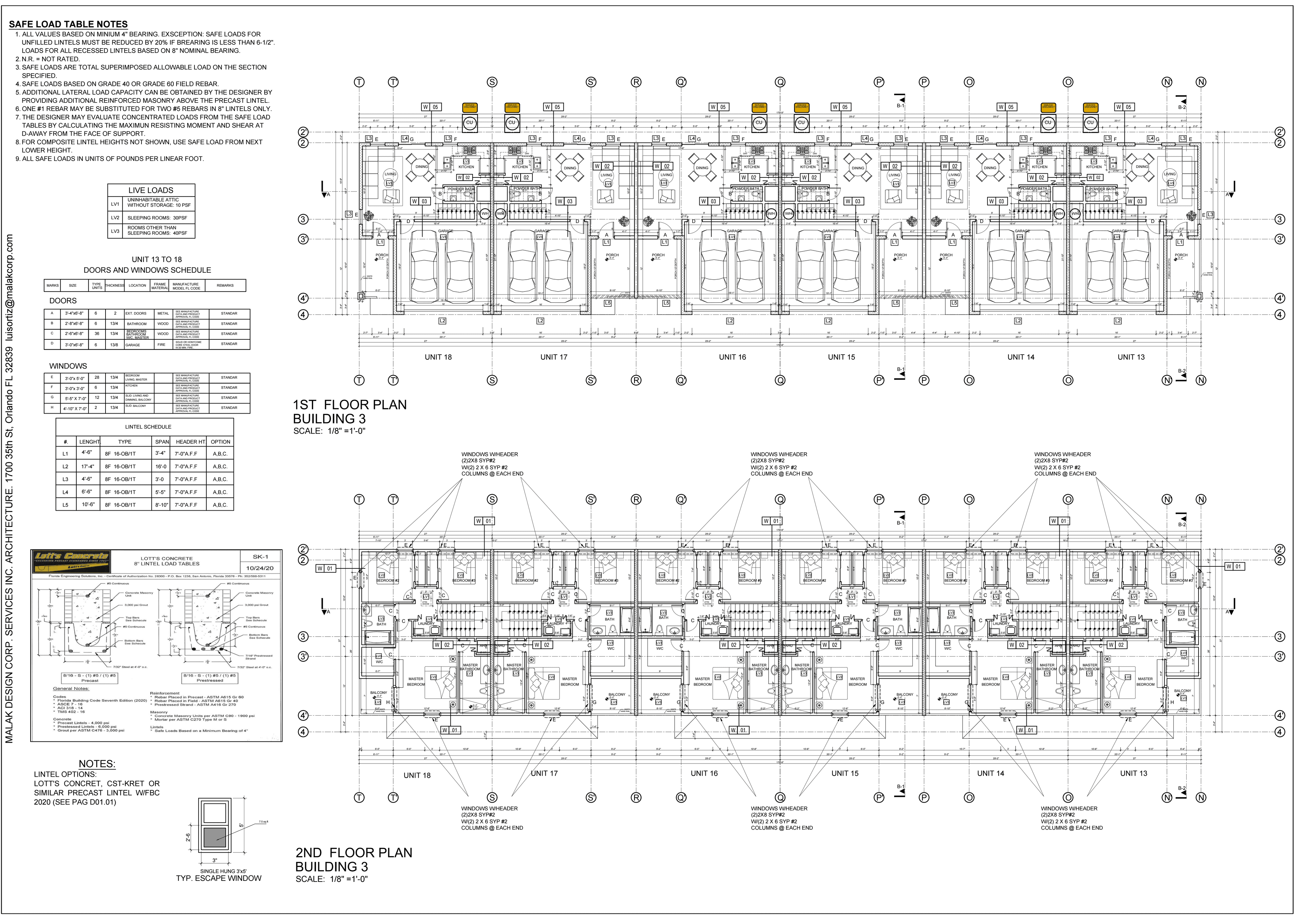 Building 3 stamped floor plan — six attached townhomes, 1st and 2nd level, dimensioned with the full unit layout repeated for the third building